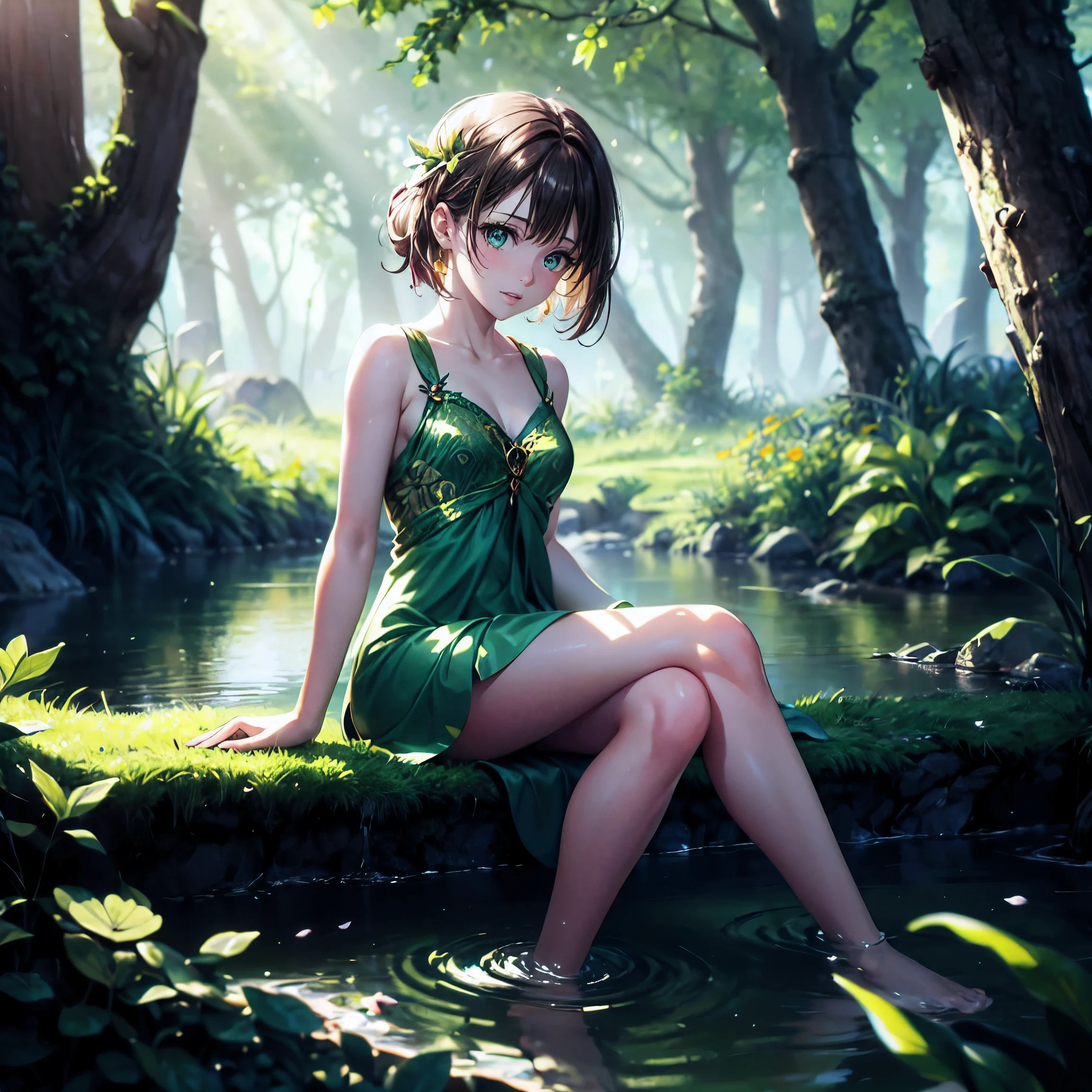 (masterpiece,best quality,ultra-detailed), CG, award winning, ccurate, UHD, textured skin, chromatic aberration, perfect anatomy, Fujicolor, fantasy, ung fairy sitting aside stream in the forest at morning, small breasts, short body, dark brown hair with honey inner color, emerald green eyes, shy, wearing graceful dress, light particles, sunlight through leaves, flowers at spring, illusory scene