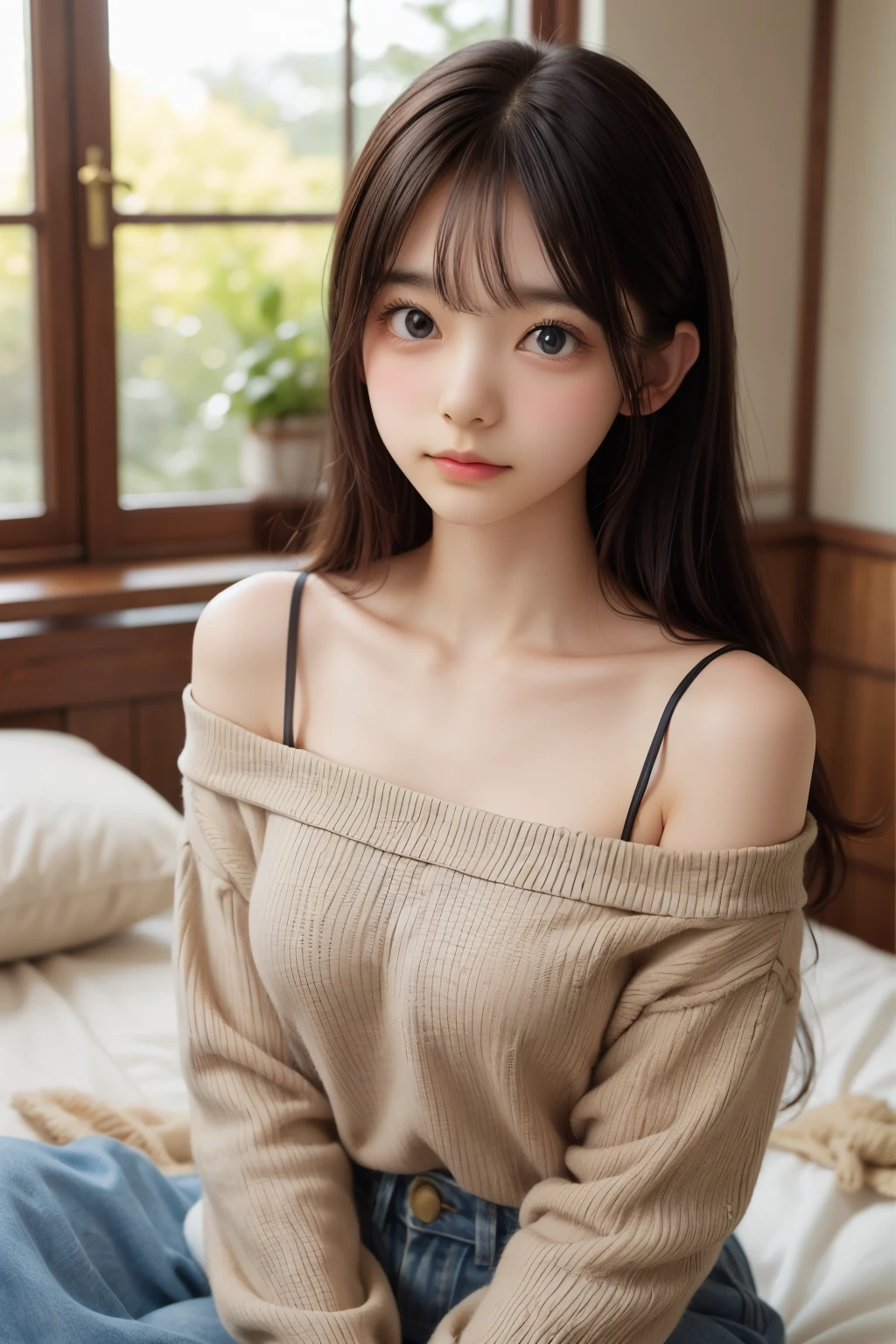 ((sfw: 1.4)), Ultra High Resolution, (Realistic: 1.4), RAW Photo, Best Quality, (Photorealistic), Focus, Soft Light, ((************)), ((Japanese)), (Front, Young Face))), (Depth of Field), (One Piece), Masterpiece, (Photoreal), Woman, Bangs, (( off-the-shoulder top, Bedroom, 1 Girl))