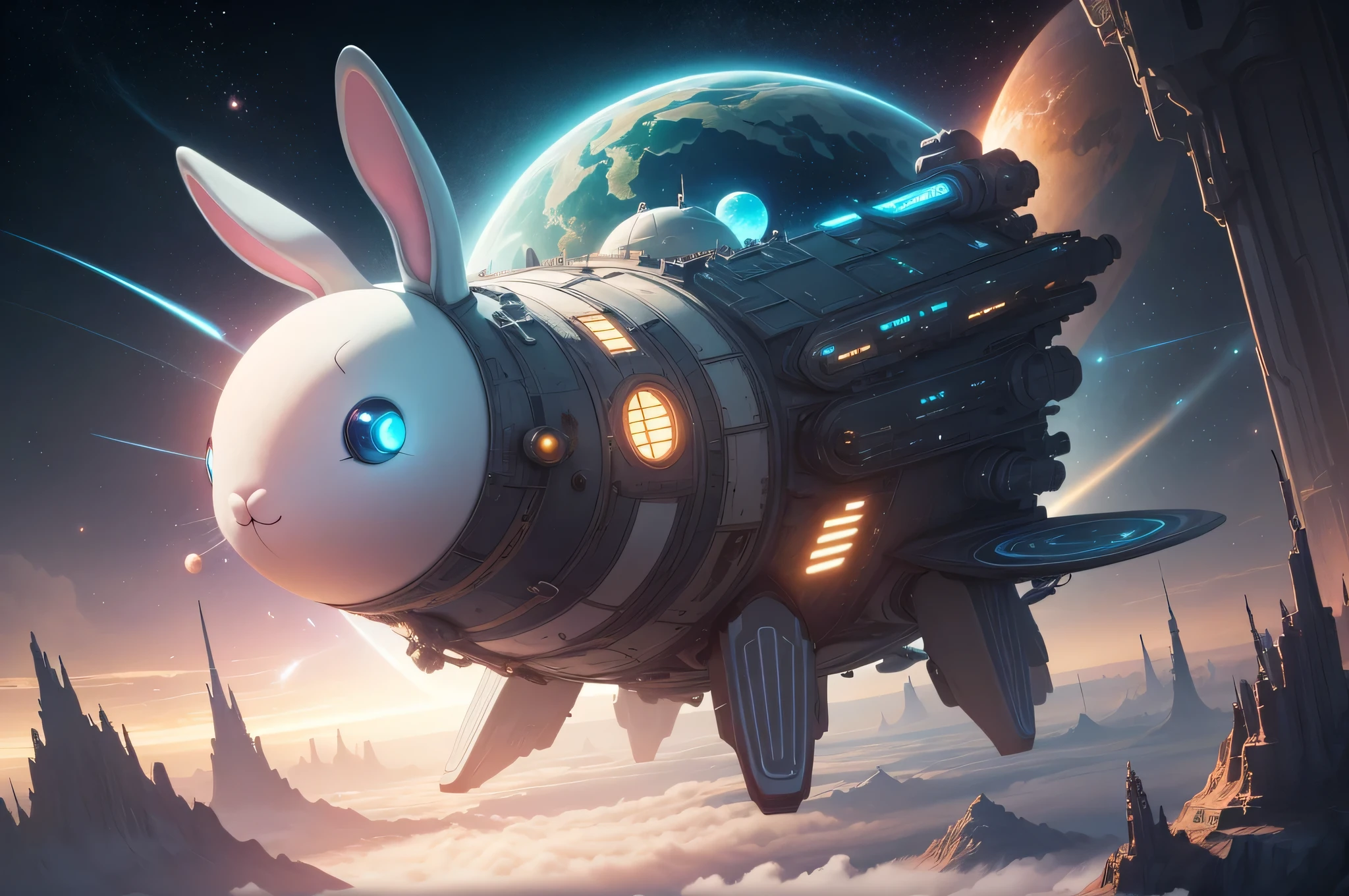 outer spaceモチーフ, pastel, long distance, insanely detailed, best quality, fantasy, cyberpunk, A cute, large rabbit-shaped spaceship, Mr.々Different types of planets, outer space, Landscape painting