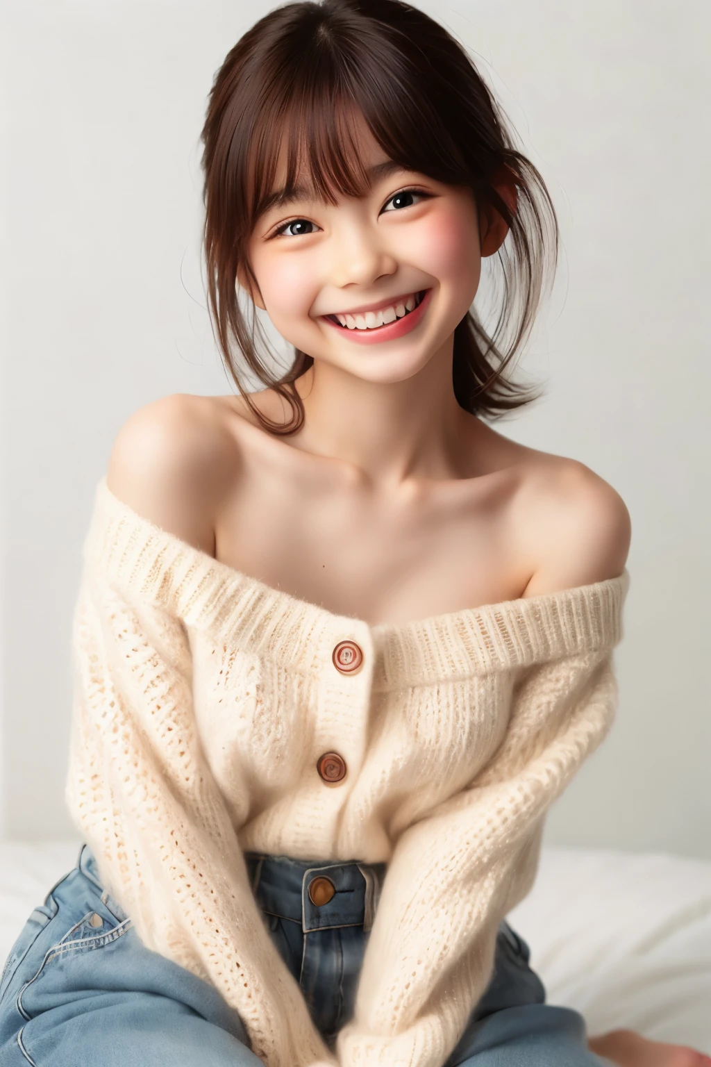 ((sfw: 1.4)), Ultra High Resolution, (Realistic: 1.4), RAW Photo, Best Quality, (Photorealistic), Focus, Soft Light, ((15 years old)), ((Japanese)), (Front, Young Face))), (Depth of Field), (One Piece), Masterpiece, (Photoreal), Woman, Bangs, (( off-the-shoulder top, Bedroom, smile, 1 Girl))