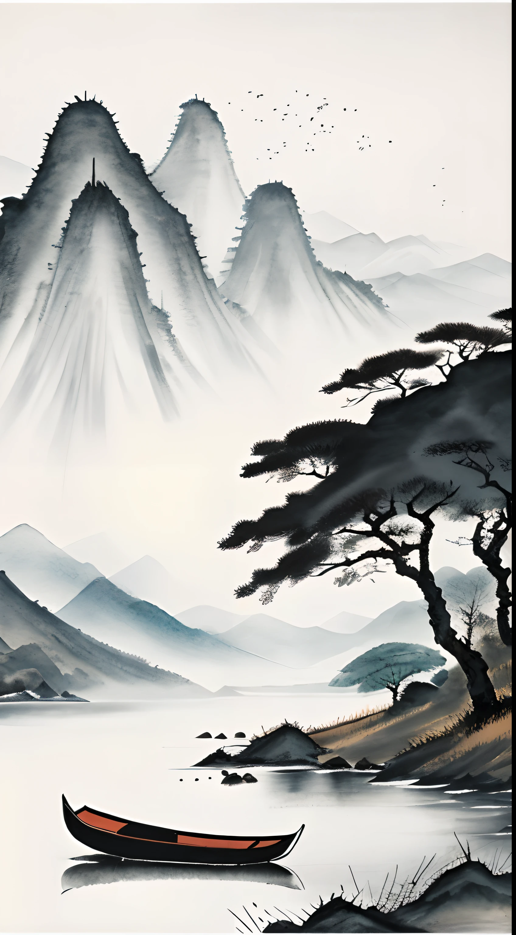 water墨画和water彩画，Drawing on rice paper，Use thick and light inks to create light and dark changes and layers，选择正确的墨water颜色，Such as deep black、thick gray、light coffee, ETC，express different situations and atmospheres，Control the gradient and transition of ink colors through the humidity and consistency of the ink，Monte，water，Tree，Snowflakes flutter in the sky，lake surface，Small broken boat，desolate, desolate, ，A huge full moon rises over the horizon，dusk，Wide-angle lens，cool moonlight，black and white tones，The background is a snowy scene,图片两边都有枯Tree， 中国传统water墨画, Chinese traditional art, author：Guo Xi, author：Ma Yuanyu, traditional Chinese painting, author：Xu Xi, author：Luo Mu, author：Yang Buzhi, author：Li Kelan, author：Zhi&#39;an, water墨画 ) ) ) ), 中国water墨画, 中traditional Chinese painting风格