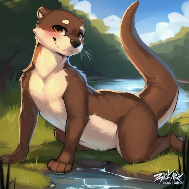 (4k, 8k, high-quality, detailed), solo, female, ((feral anatomy)), ((animal anatomy)), (((river otter))), river, by zackary911, (((teen))), young, thick neck, flirty, seductive, romantic, teasing, fluffy, hairy, bushy, detailed paws, detailed fur, short arms, short legs, long body, cute pose, happy, embarrassed, shyly posing, presenting Hindquarters