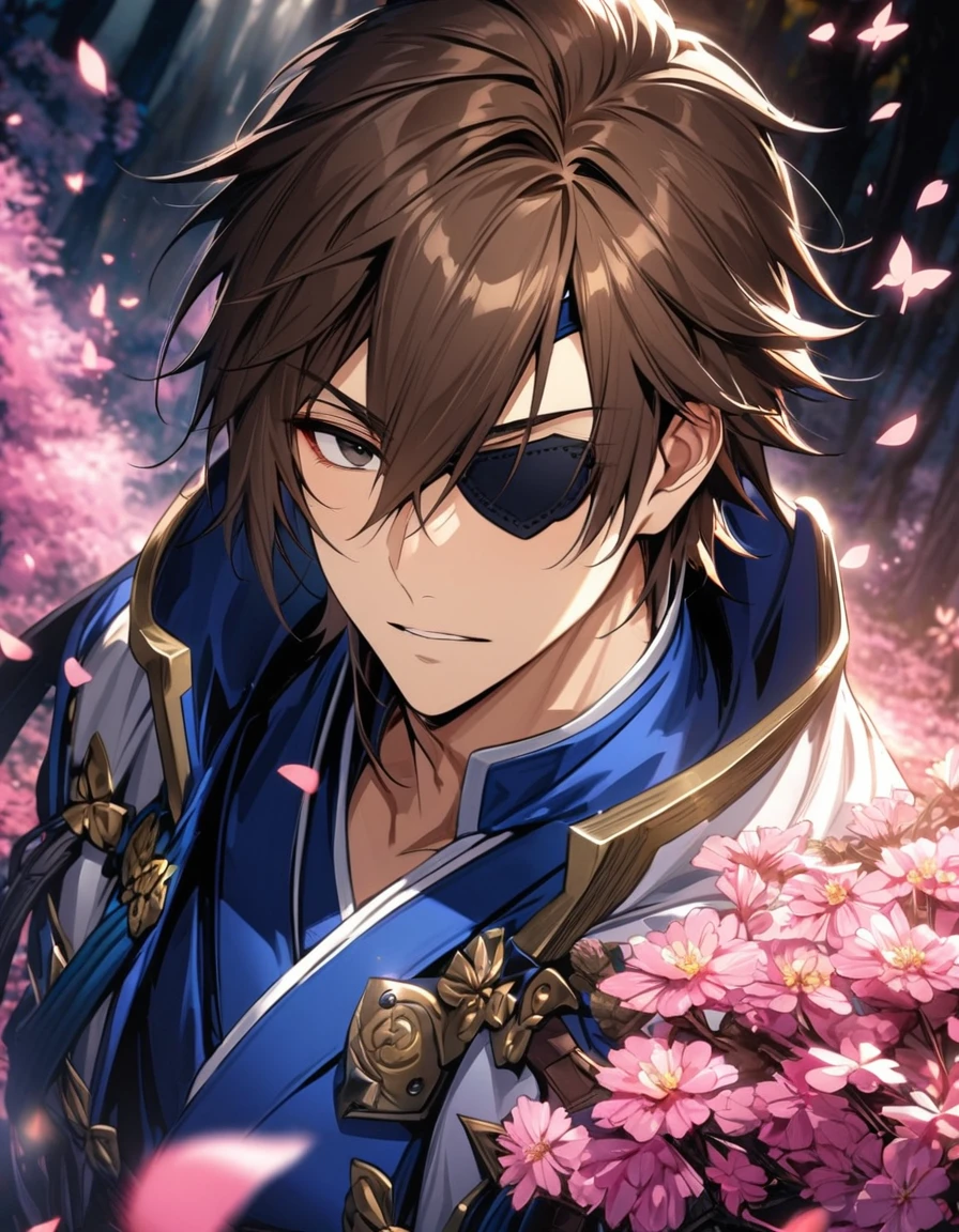 Ultra detailed, Highres, absurdres, HDR, Date Masamune, brown hair, hair between the eyes, brown eye, black eye patch, Sengoku basara, petals, handsome, 1 man only, pink forest, butterflies, blue clothes