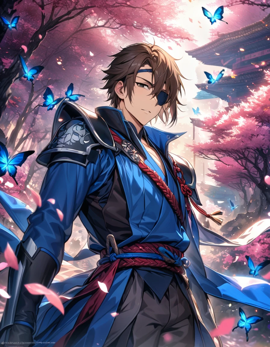 Ultra detailed, Highres, absurdres, HDR, Date Masamune, brown hair, hair between the eyes, brown eye, black eye patch, Sengoku basara, petals, handsome, 1 man only, pink forest, butterflies, blue clothes