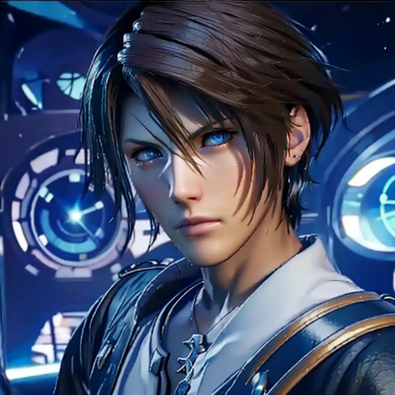 Squall Leonhart, combat position, magic blue lights around him, collapsing stage, mirada seria.