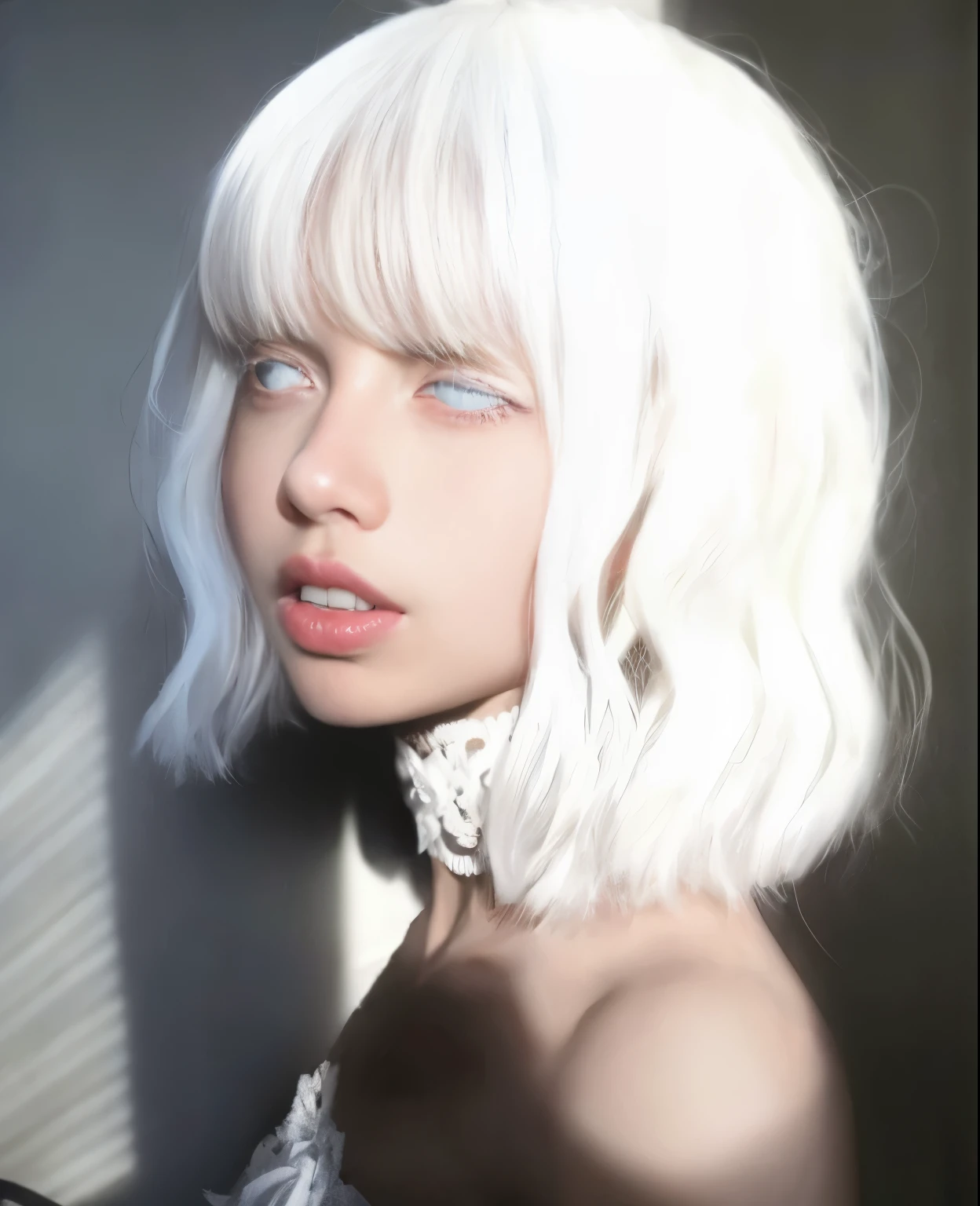 Un primer plano de una mujer con cabello blanco y ojos azules, flequillo blanco, hair flequillo blanco hair, peinado de corte hime blanco, pelo blanco con flecos, color de pelo blanco, flequillo blanco, pelo blanco y rizado, chica con pelo corto y blanco, su cabello es blanco, hermoso cabello blanco, Pelo blanco de longitud media., chica con pelo blanco, chica perfecta de pelo blanco
