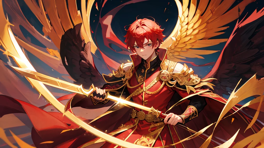handsome boy, red hair, black eyes, a crown of golden wings on his head, black royal clothes, crescent-shaped knife in his hand, 8k resolution, sky