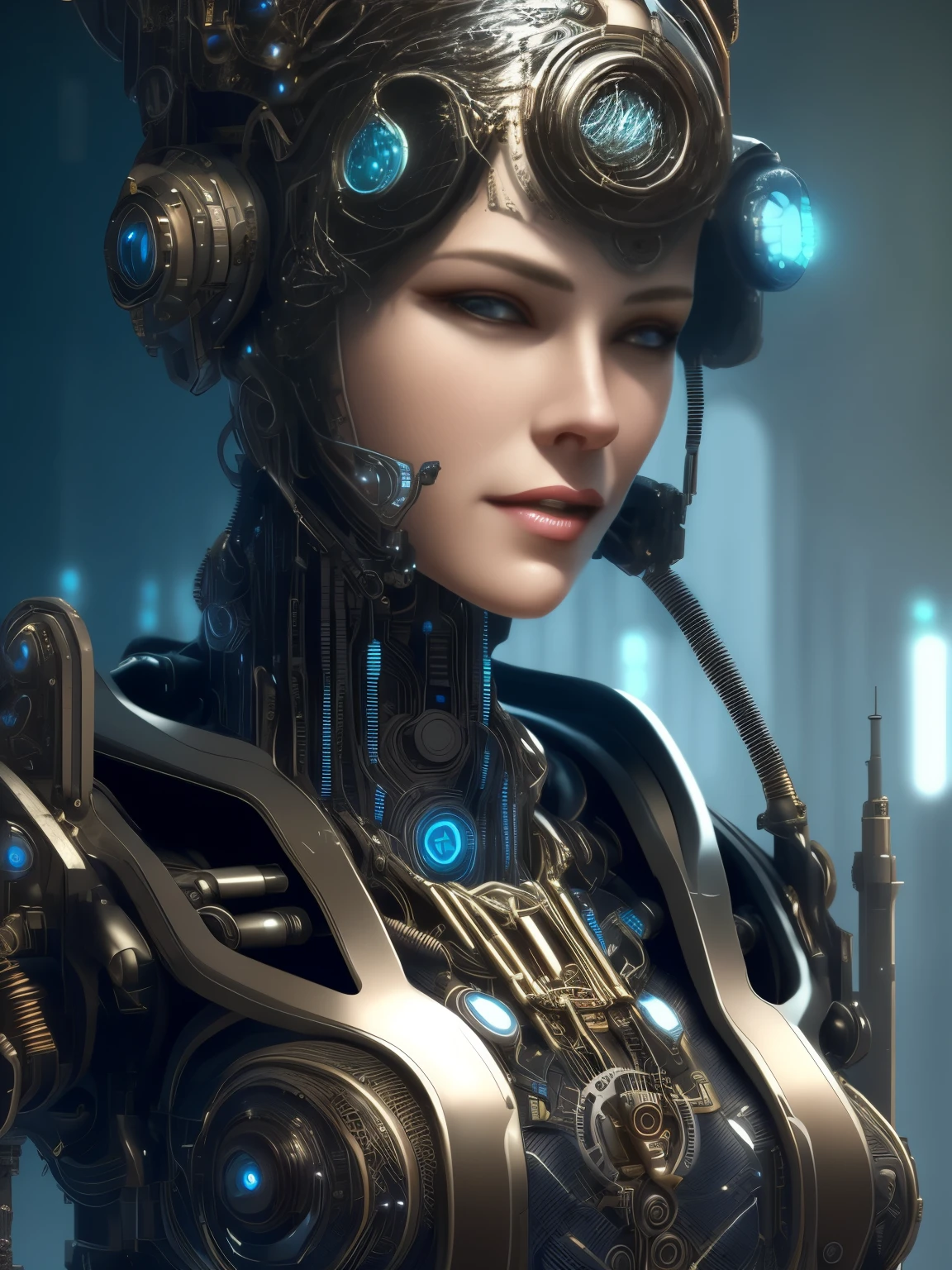 full body cyborg| full-length portrait| detailed face| symmetric| steampunk| cyberpunk| cyborg| intricate detailed| to scale| hyperrealistic| cinematic lighting| digital art| concept art| mdjrny-v4 style, ((smile)).