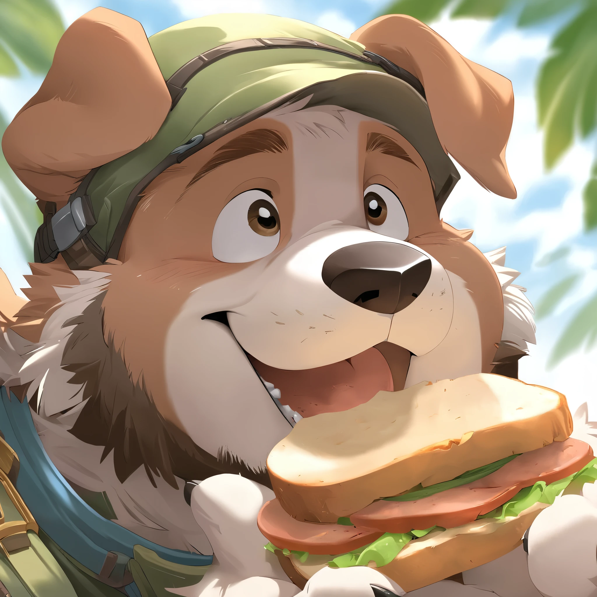 anthro, kemono, male, solo, ((round face, very plump face, thick beard)), ((endomorph body type, old-aged)), ((adventure costume:1.5)), ((domestic dog, dog) fluffy fur, fluffy), (simple background), (face focus, headshot), (eating a sandwich), detailed background, (high quality, highres, masterpiece), (dynamic lighting, vivid color), (happy, looking pleasured), (dynamic pose), (close up persective), (animaginexl:1.3), (upperbody), (dreamy looks)