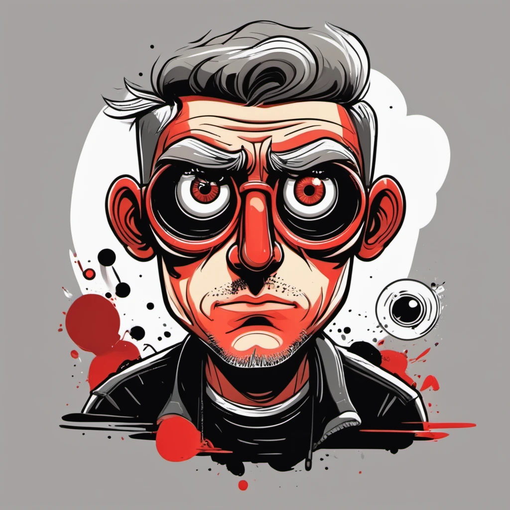 vector cartoon illustration, Eye Guy with gray off-white crimson-red black palette