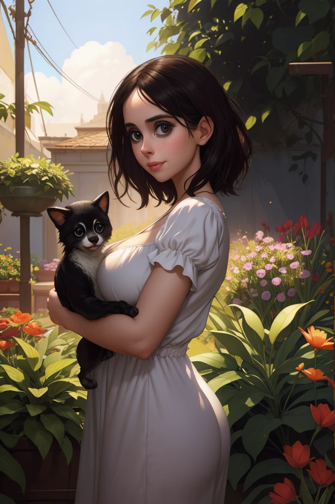Adorable, Woman,big-eyed woman, round face. promenent lips. Smileing,In the garden,Her hands are behind her...., , large ass, wearing a cute sun dress. Picture from the side,looking at the scenes, intense colors, Very valuable details, complex details, volumetric lighting, digital art, 8k, trending on Artstation, Clear focus, complex details, highly detail, Greg Rutkowski Big Eyes, high-resolution, Black hair. Alison Brie