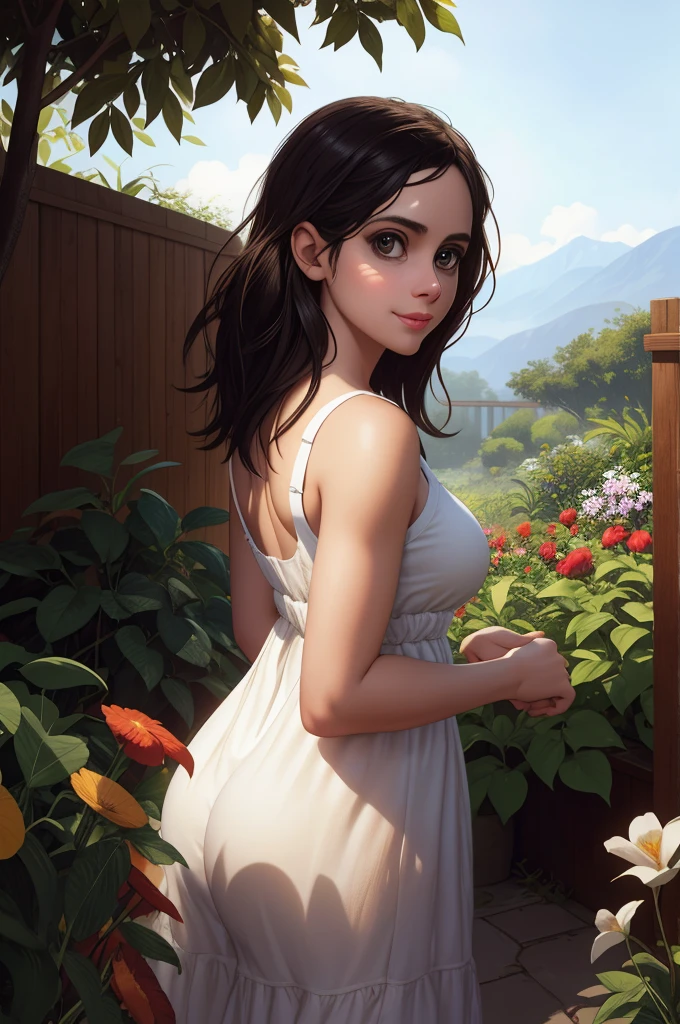 Adorable, Woman,big-eyed woman, round face. promenent lips. Smileing,In the garden,Her hands are behind her...., , large ass, wearing a cute sun dress. Picture from the side,looking at the scenes, intense colors, Very valuable details, complex details, volumetric lighting, digital art, 8k, trending on Artstation, Clear focus, complex details, highly detail, Greg Rutkowski Big Eyes, high-resolution, Black hair. Alison Brie