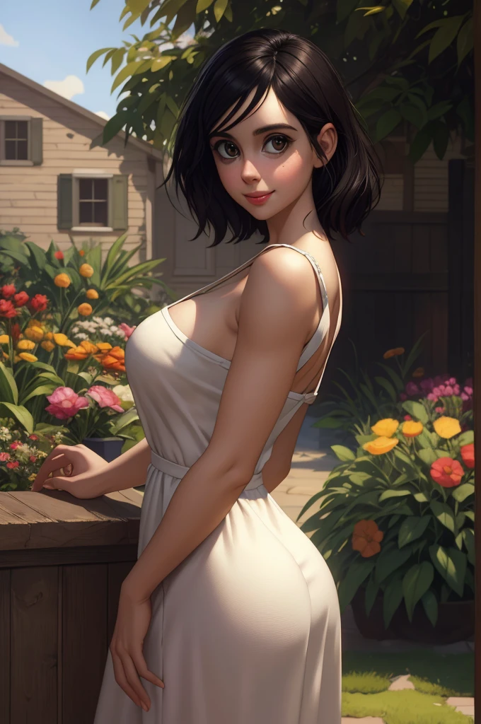 Adorable, Woman,big-eyed woman, round face. promenent lips. Smileing,In the garden,Her hands are behind her...., , large ass, wearing a cute sun dress. Picture from the side,looking at the scenes, intense colors, Very valuable details, complex details, volumetric lighting, digital art, 8k, trending on Artstation, Clear focus, complex details, highly detail, Greg Rutkowski Big Eyes, high-resolution, Black hair. Alison Brie