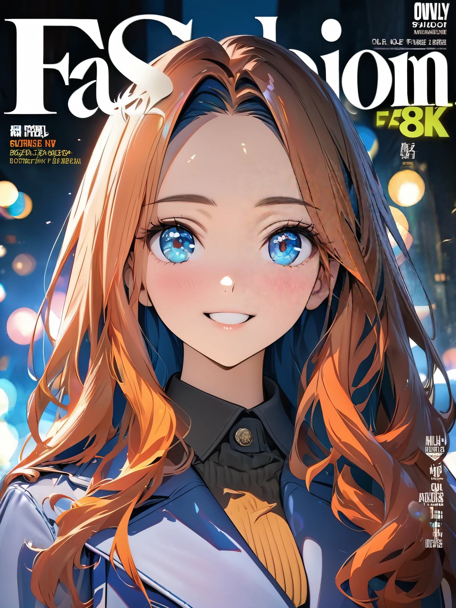 (cover of Fashion magazine:1.4)(best quality,8k,highres, masterpiece:1.2), ultra-detailed, HDR, UHD, studio lighting, ultra-fine painting, sharp focus, physically-based rendering, extreme detail description, professional, vivid colors, bokeh, portraits, concept artists, warm color palette, dramatic lighting,(shiny hair:1.4),Happy laugh,chose eyes,1 woman,Beautiful eyes,Cute face,Pale blue trench coat, high heels, trad vivid blue suit, bright blue Hermès Kelly bag for a quick walk around the city,anime style,