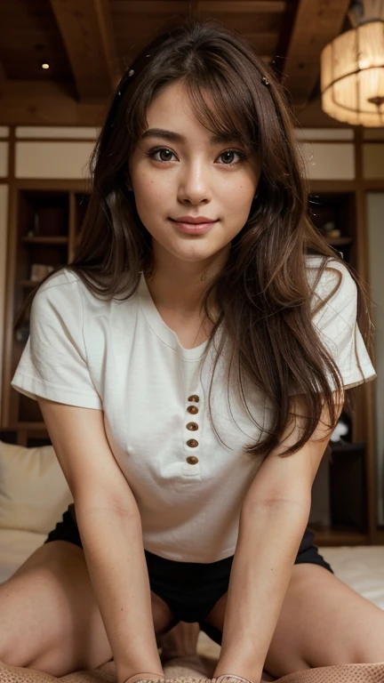 dark brown hair、light brown eyes、Japanese actress face、 lady, I am about 20 years old.、(intricate details:1.2)、(which one is the top?:1.4)、 (ultra high resolution:1.2)、ultra high resolution、(finely tuned)、(detailed facial features)、8K resolution、long curly hair、Starry Sky Window、luxurious space、relax、full body photo、head to toe shot、beautiful feet、wearing a uniform、uniform, tight t-shirt, beautiful feet、dimly living room、she, extreme details, very detailed, realistic, obscene pose, diagonally from below、raise your chin、Relaxed expression (auraroid photo:1.2)、8K、32k、highest quality、(Details of both eyes)、elegant、lie down、random pose、(high - Angle、I look down and see this:1.2)、look at the camera、smile、