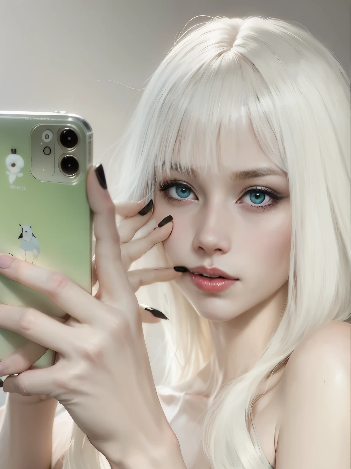 Blonde woman with long white hair holding a cell phone., pale piel blanca de porcelana, piel blanca de porcelana, pale milky white porcelain skin, pale, snow-white skin, ulzzang, pelo largo y blanco y flequillo, con el pelo largo y blanco, pale and light skin!!, flequillo blanco, pale ivory skin, pale porcelain skin, chica perfecta de pelo blanco, peinado de corte hime blanco