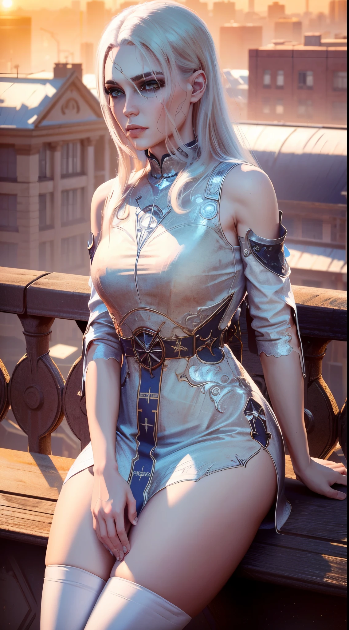 (masterpiece, best quality:1.3), BGDameAylin, 1girl, solo, long hair, white hair, white eyes, cityscape, sexy minidress, stockings, sundown