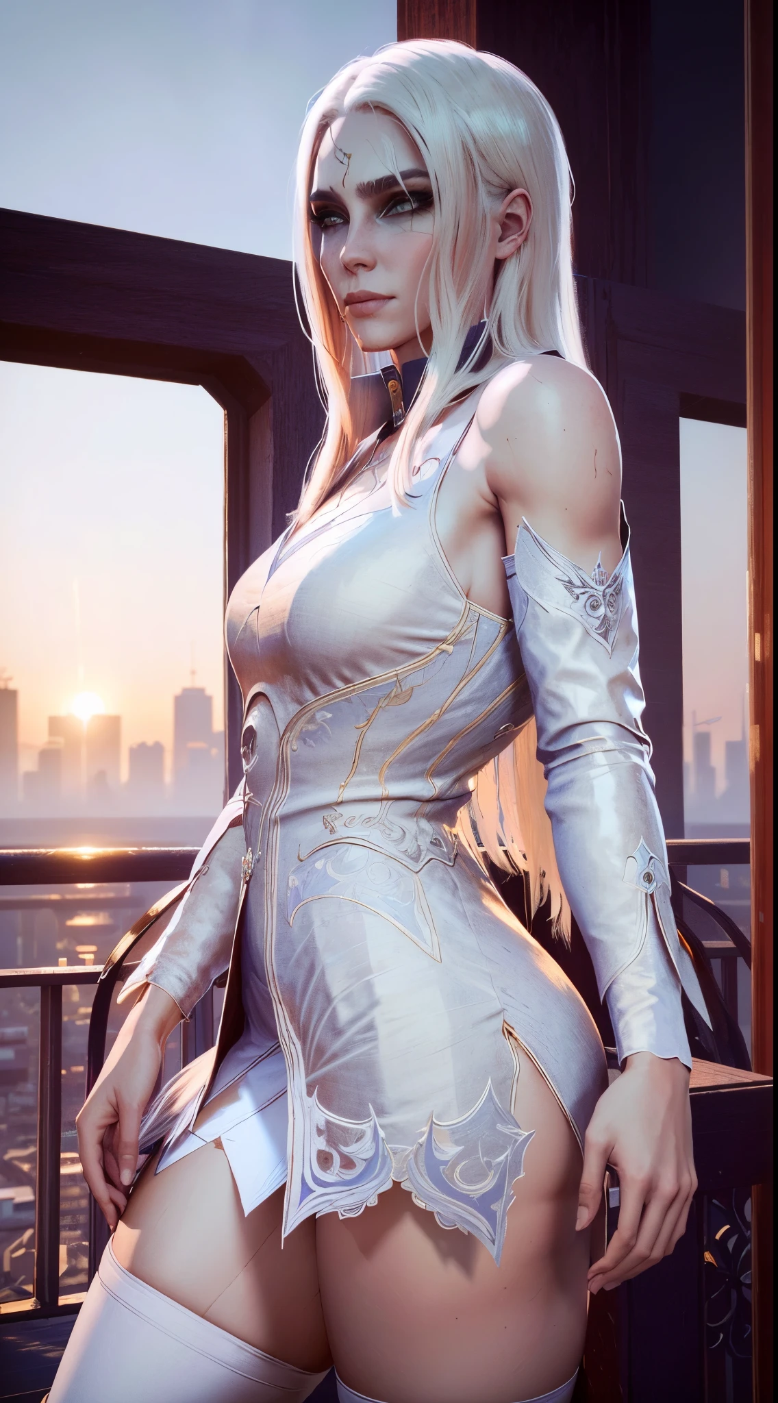 (masterpiece, best quality:1.3), BGDameAylin, 1girl, solo, long hair, white hair, white eyes, cityscape, sexy minidress, stockings, sundown