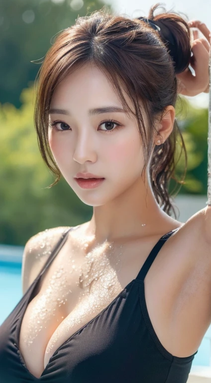 medium close-up, cleavage, Joyuri, jo yuri, Yuri, ((Best quality, 8k, Masterpiece :1.3)), 1girl, Pretty woman with emphasizing slender abs :1.3, (Dark brown hair, Ponytail, Huge breasts :1.2), Wet body:1.2, Pool, Ultra-detailed face, Detailed eyes, Double eyelid