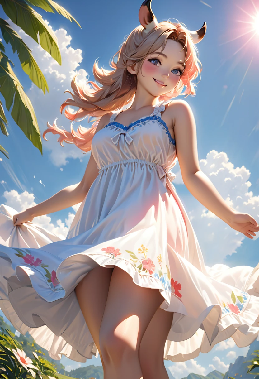 ((furry)) ((cow girl)) (best quality, 4k, 8k, highres, masterpiece:1.2), ultra-detailed, (realistic, photorealistic, photo-realistic:1.37), best quality, masterpiece, highres (cute sun dress, the backlight makes your body silhouette stand out.), background outdoors, Raw photo, Best Quality, master piece, high resolution, detailed, (Photorealsitic:1.4), Well-defined contours, beautiful young cow girl, Beautiful perfect face, (gently smiling:1.2), perfect bodies, perfect arms, Perfect fingers, perfect leg, perfect hair, pores, Realistic skin texture, full body Shot, from below view, full body portrait, curvaceous, pink sun dress