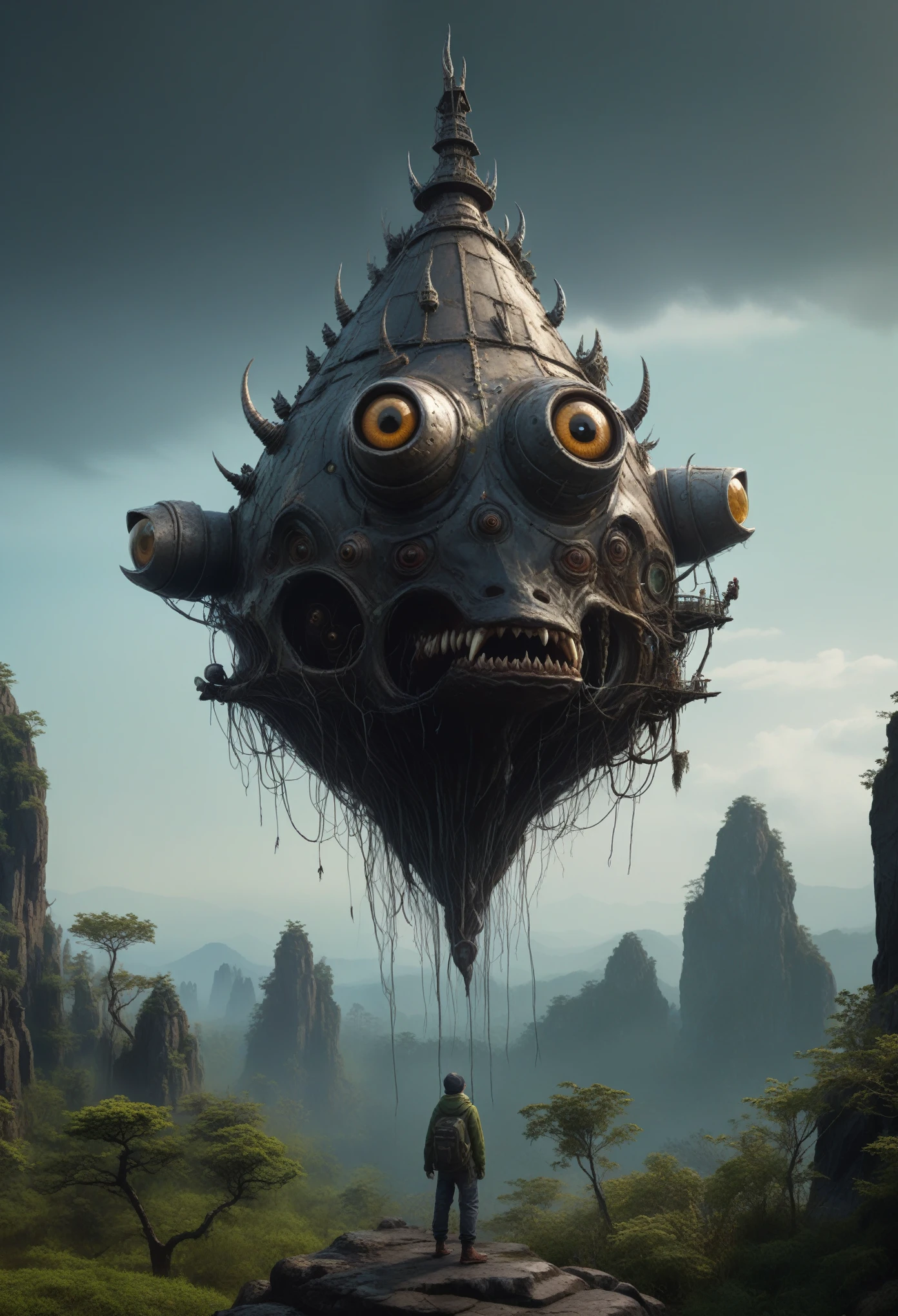 full-body-shot,Very tall , who can't fly,Cinematic, Technicolor,natural skin textures, hyper realisitc, hyper detailed,Extremely detailed,High contrast,Realistic,Chalsedoon goblin, back view,full body length,evil ghost,Hobgoblin,pretty face,intricate details,realistic humid skin,extremely intricate details,anatomically correct, eyes extremely detailed, high detailed eyes,High contrast,Ultra HD,Retina,HDR,photo,photorealism,Masterpiece, natural skin textures, hyper realism,hyper detailed,High contrast,(HDR:1.4),Realism,Ultra Detailed,irina yermolova, close full body shot,16K resolution,RAW, Nikon Z9,Paul Zizka,full body length,niobium goblin,native irish,pretty face,eyebrow up,full body shot,ominous landscape,niobium gray atmosphere,by art Simon Stalenhag,Nicola Samori,(((Wangechi Mutu))),prime colors,urban,extremely detailed,masterpiece,intricate details,faded,eyes extremely detailed, high detailed eyes,4k resolution,islands levitating above ground, Nikon Z9,scary village,stalker,Stone Forest in Yunnan Province of China