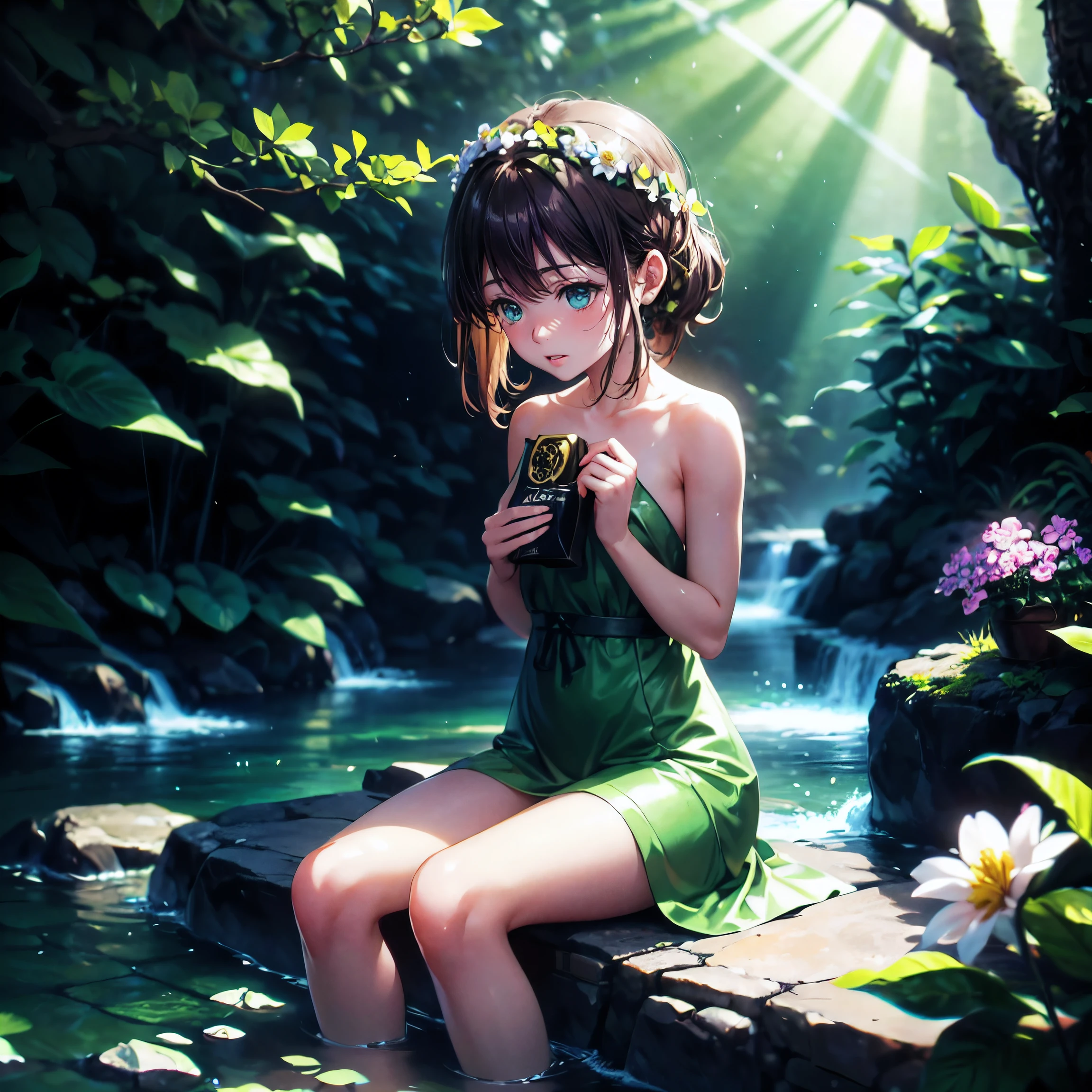 (masterpiece,best quality,ultra-detailed), CG, award winning, ccurate, UHD, textured skin, chromatic aberration, perfect anatomy, Fujicolor, fantasy, 1 young fairy sitting aside stream in the forest at morning in spring, small breasts, short naked body, dark brown hair with honey inner color, emerald green eyes, shy, wearing graceful dress, many flowers, light particles, sunlight through leaves, flowers at spring, illusory scene