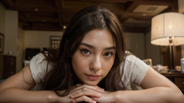dark brown hair、light brown eyes、Japanese actress face、 lady, I am about 20 years old.、(intricate details:1.2)、(which one is the top?:1.4)、 (ultra high resolution:1.2)、ultra high resolution、(finely tuned)、(detailed facial features)、8K resolution、cleavage, long curly hair、Starry Sky Window、luxurious space、relax、full body photo、head to toe shot、beautiful feet、wearing a uniform、uniform, tight t-shirt, beautiful feet、dimly living room、she, extreme details, very detailed, realistic, obscene pose, diagonally from below、raise your chin、Relaxed expression (auraroid photo:1.2)、8K、32k、highest quality、(Details of both eyes)、elegant、lie down、random pose、(high - Angle、I look down and see this:1.2)、look at the camera、smile、
