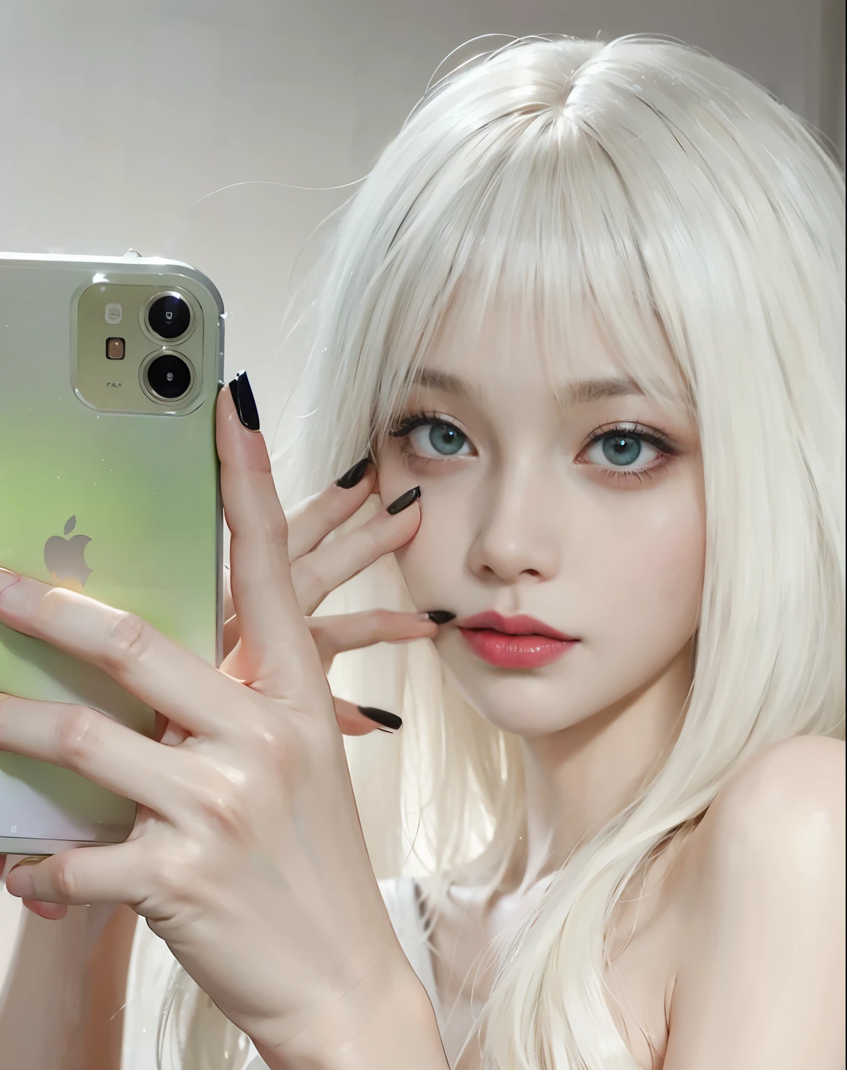 Blonde woman with long white hair holding a cell phone., pale piel blanca de porcelana, piel blanca de porcelana, pale milky white porcelain skin, pale, snow-white skin, ulzzang, pelo largo y blanco y flequillo, con el pelo largo y blanco, pale and light skin!!, flequillo blanco, pale ivory skin, pale porcelain skin, chica perfecta de pelo blanco, peinado de corte hime blanco