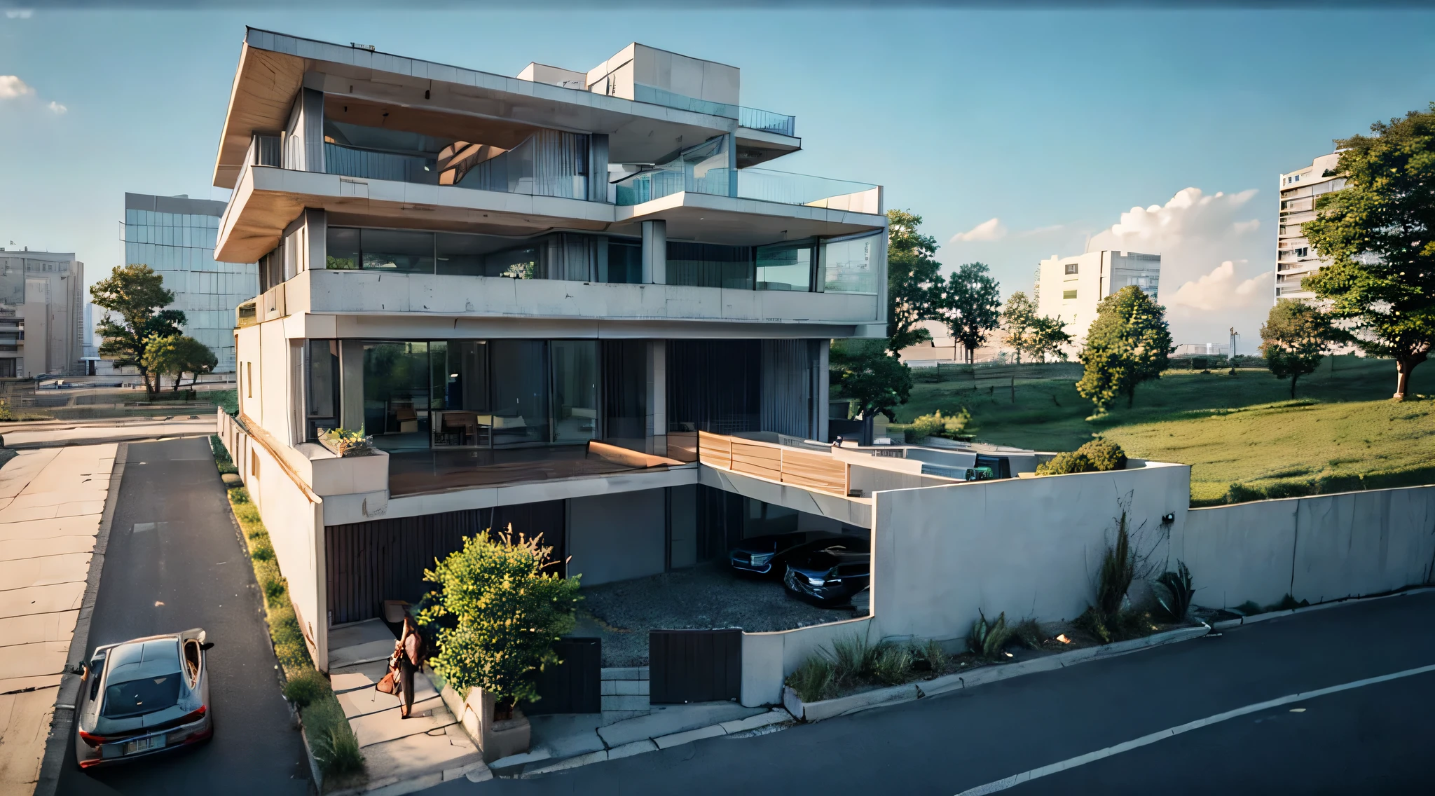 (((masterpiece))),((best quality)),daylight,((villa)),(trees),((blue sky)),((outdoor)),((nature)),bush,grass,sunshine,art architecture,Atmosphere,The sun is shining brightly,street,Human visual angle,building,terrace,reflection,humidity,((masterpiece)),(cyberpunk1.3),high las ((best quality:1.4)),(ultra-high resolution:1.2),(realistic:1.4),(8k:1.2),nsanely detailed,architecture,interior light, landscape,