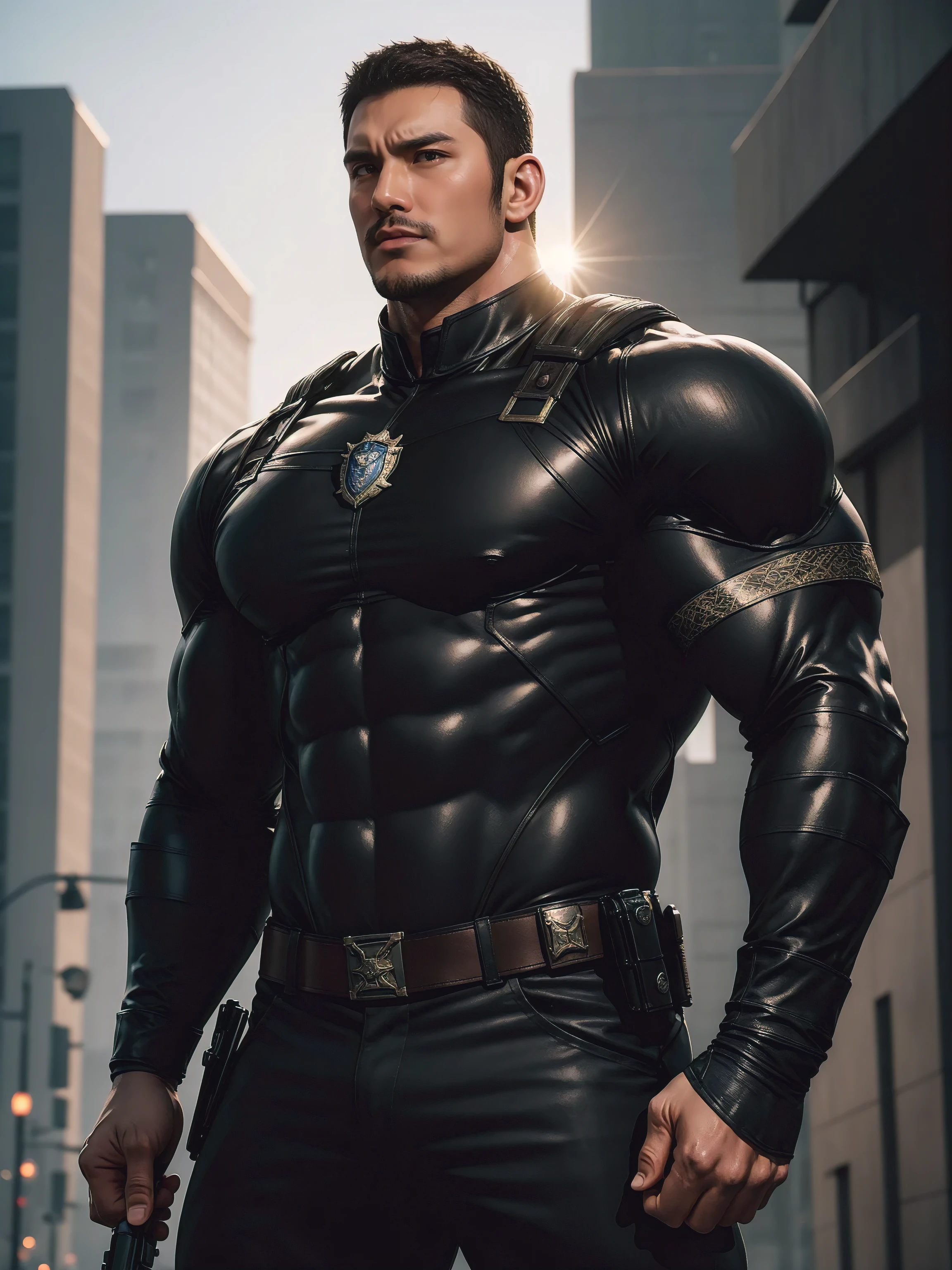 One Tall giant muscular police officer, Chinese police hat, Big black mask, On the outdoor street, Brown Superhero Bodysuit, The expression is arrogant, Lift your chin, disheveled hair, thick thighs, Brown Superhero Bodysuit, Very tight, Regular symmetrical pattern, Accentuate muscles, Police uniform pants, character concept(Resident Evil - chris redfield, chris redfield)proud expression, Deep and charming eyes, heroic male pose, tall burly, muscular!muscular thighs, tough guy, perfect facial features, High, burly, Heqiang, Super gain and cool, high resolution committee, Charming strong man, The sun is blazing, Dazzling