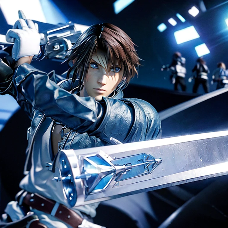 Squall Leonhart, combat position, magic blue lights around him, collapsing stage, mirada seria.