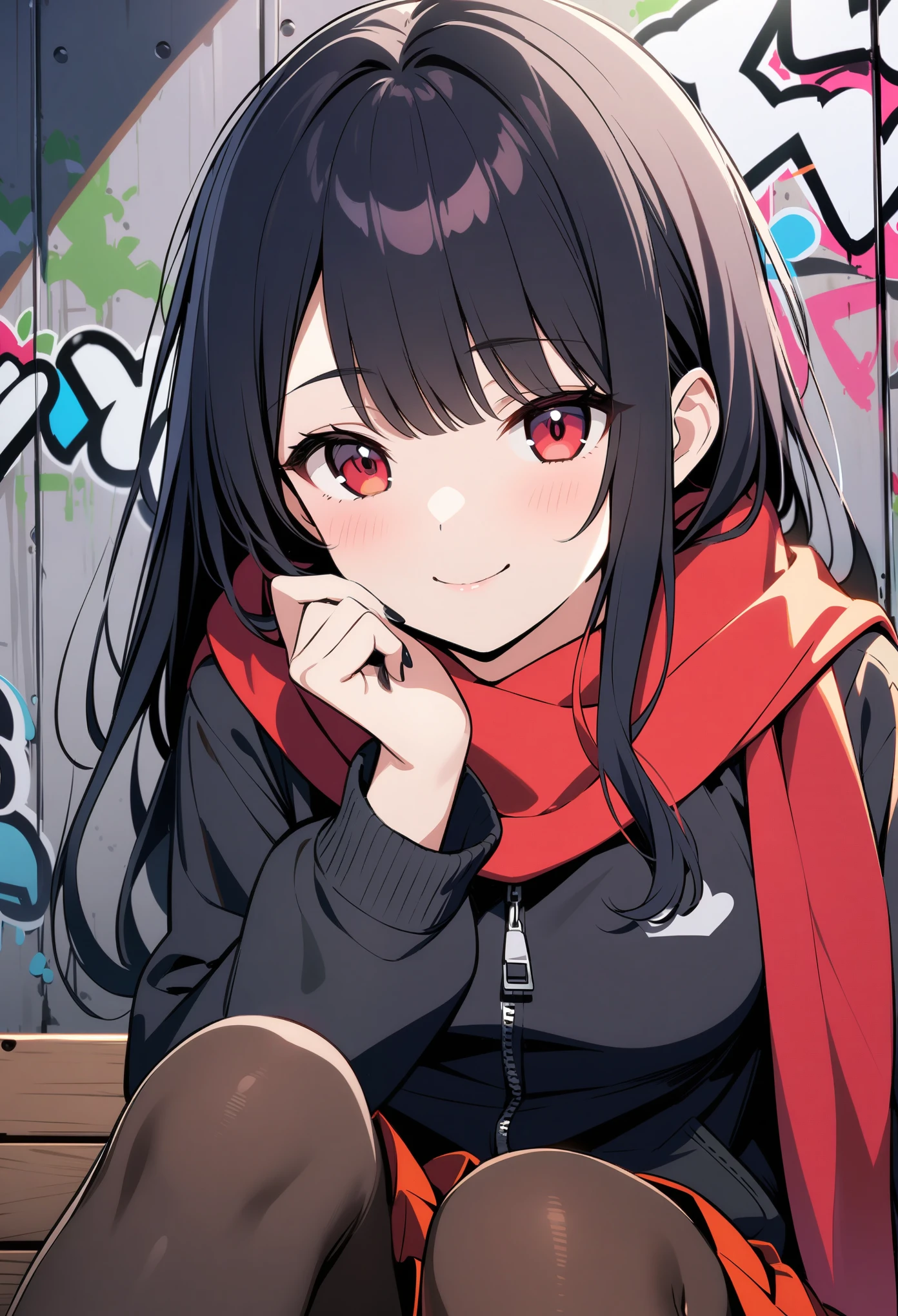 顶级animation质量,animation,HD,1080P,solo,(low angle),a woman,close mouth,smile,extremely detailed black hair and happy eyes,long hair with swept bang,(One hand touching the face),black Nail polish,(red scarf, black zip up jacket and red pleated skirt),trend,detailed pantyhose,Sitting on a wooden box,Graffiti wall background,dark feeling,(cool feeling),(Gloomy atmosphere)