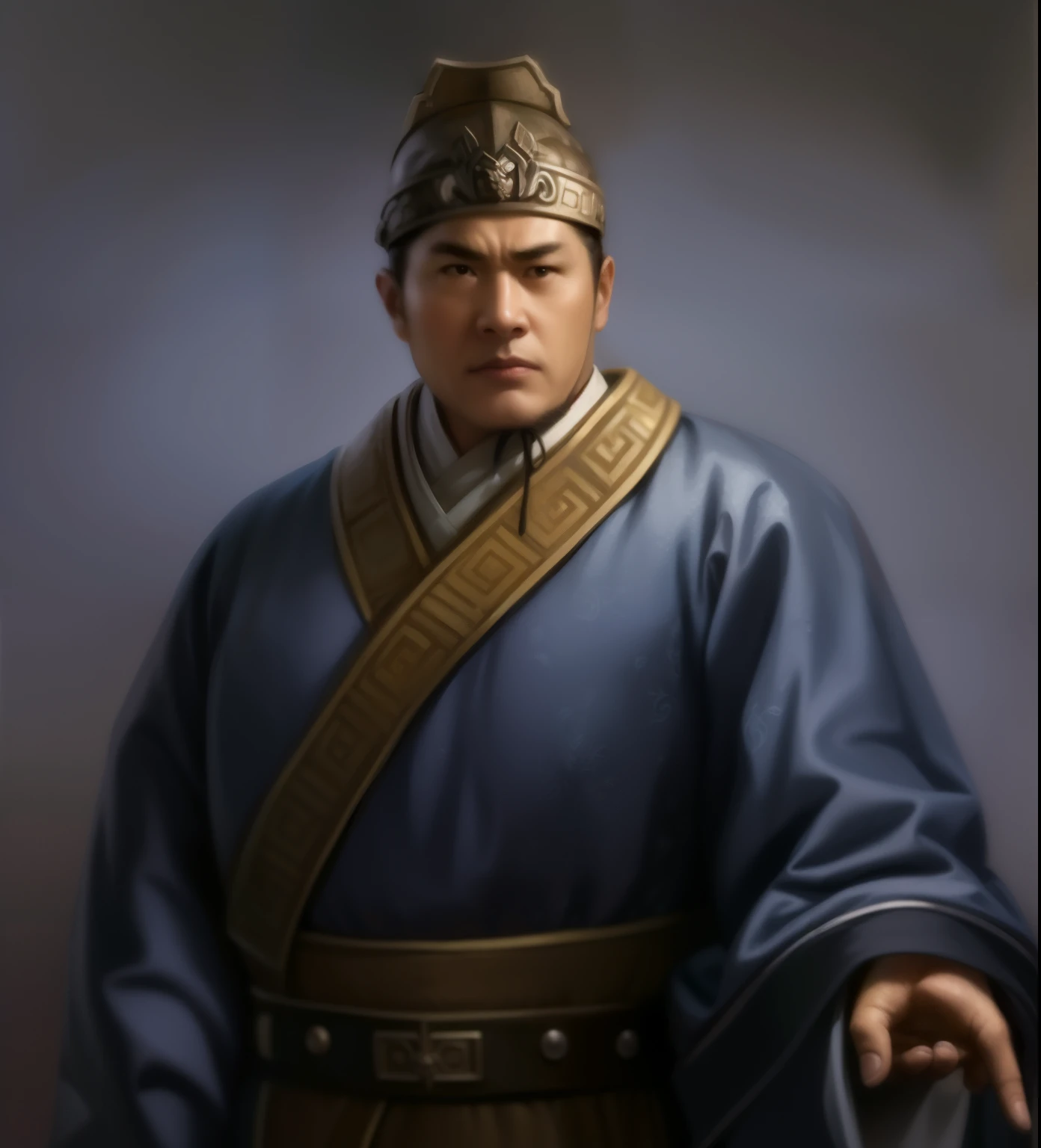 A painting,The painting shows a man wearing blue clothes、man holding sword, inspired Emperor Xuande, Inspired by Cao Zhibai, Inspired by Dong Yuan, Inspired by Hu Zaobin, Emperor Xuande, chi-gong, Inspired by Fan Kuan, inspired by horse stone, Three Kingdoms of China, Inspired by Zhang Sengyao, smart tai warlord, elder