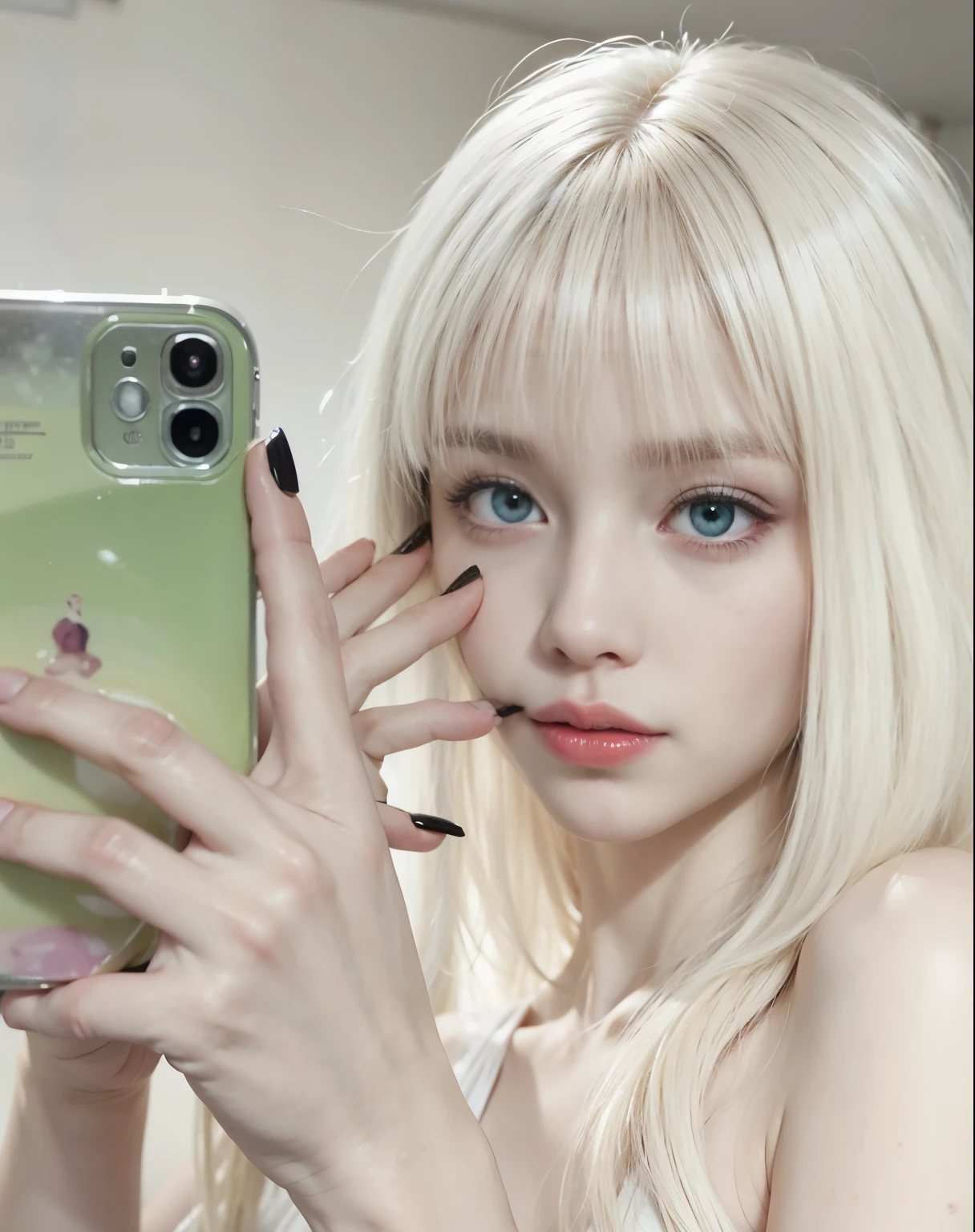 Blonde woman with long white hair holding a cell phone., pale piel blanca de porcelana, piel blanca de porcelana, pale milky white porcelain skin, pale, snow-white skin, ulzzang, pelo largo y blanco y flequillo, con el pelo largo y blanco, pale and light skin!!, flequillo blanco, pale ivory skin, pale porcelain skin, chica perfecta de pelo blanco, peinado de corte hime blanco
