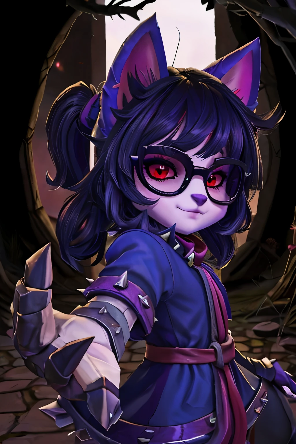 una yordle fe****** del videojuego League of Legends, ,((long hair slightly wavy slightly past the shoulders, black bangs, small black pigtails on the sides, cute cat ears, beautiful thin red eyes,)),, 2.5 pies de altura, no muy peludo, con 4 dedos en cada mano y pie, siempre con un peluche tejido de Veigar el hechicero yordle, con gafas y un sombrero de mago con flores y llamas, su outfit es morado claro y rojo simulando llamas, con un fleco hacia la izquierda cubriendo un ojo por encima de las gafas, gafas azules o celestes, a dark blue scarf with thorn symbols around the neck, orejas cortas con pelaje rojo por dentro, Cabello rizado y corto que es de color violeta muy claro y se desvanece a azul oscuro., with a sarcastic and evil attitude, para anuncio&d juego