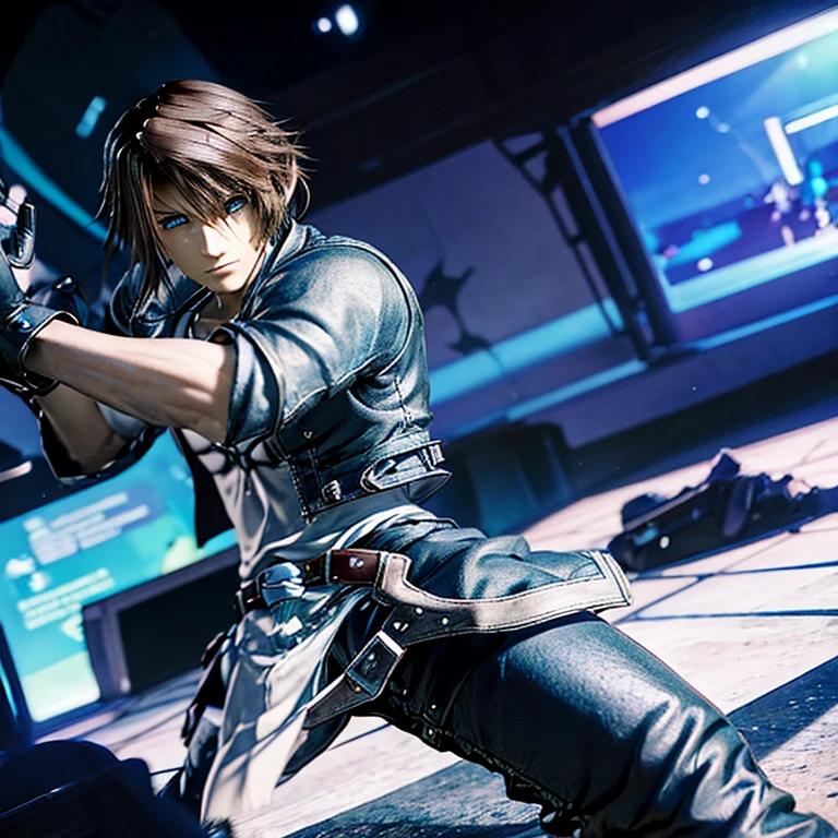 Squall Leonhart, combat position, magic blue lights around him, collapsing stage, mirada seria.