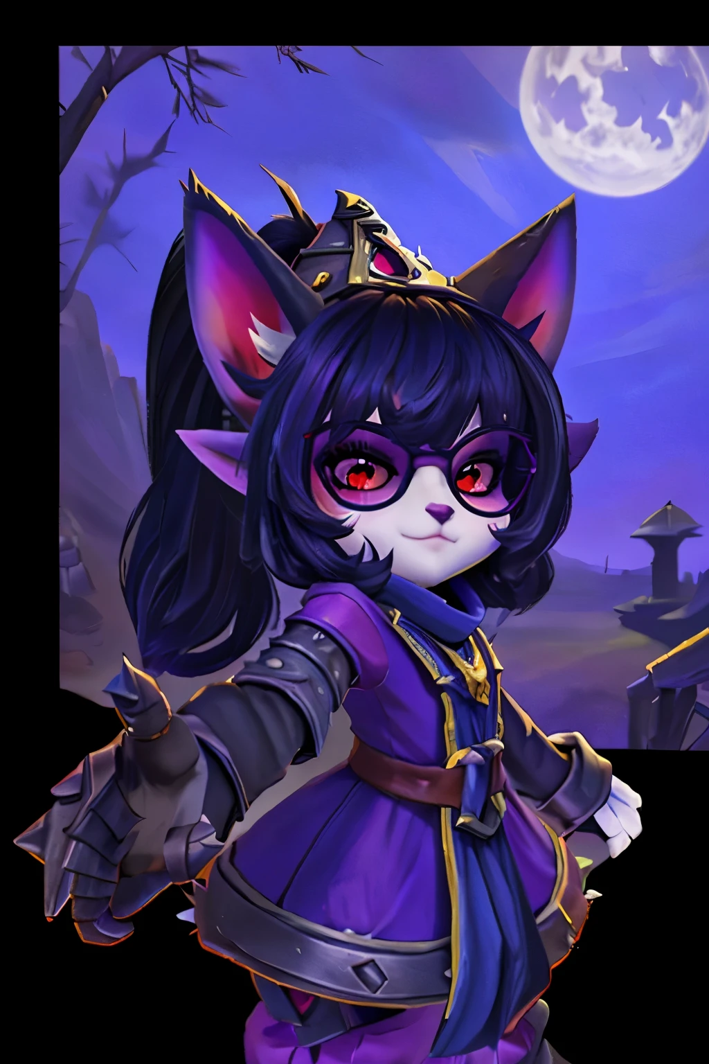 una yordle fe****** del videojuego League of Legends, ,((long hair slightly wavy slightly past the shoulders, black bangs, small black pigtails on the sides, cute cat ears, beautiful thin red eyes,)),, 2.5 pies de altura, no muy peludo, con 4 dedos en cada mano y pie, siempre con un peluche tejido de Veigar el hechicero yordle, con gafas y un sombrero de mago con flores y llamas, su outfit es morado claro y rojo simulando llamas, con un fleco hacia la izquierda cubriendo un ojo por encima de las gafas, gafas azules o celestes, a dark blue scarf with thorn symbols around the neck, orejas cortas con pelaje rojo por dentro, Cabello rizado y corto que es de color violeta muy claro y se desvanece a azul oscuro., with a sarcastic and evil attitude, para anuncio&d juego