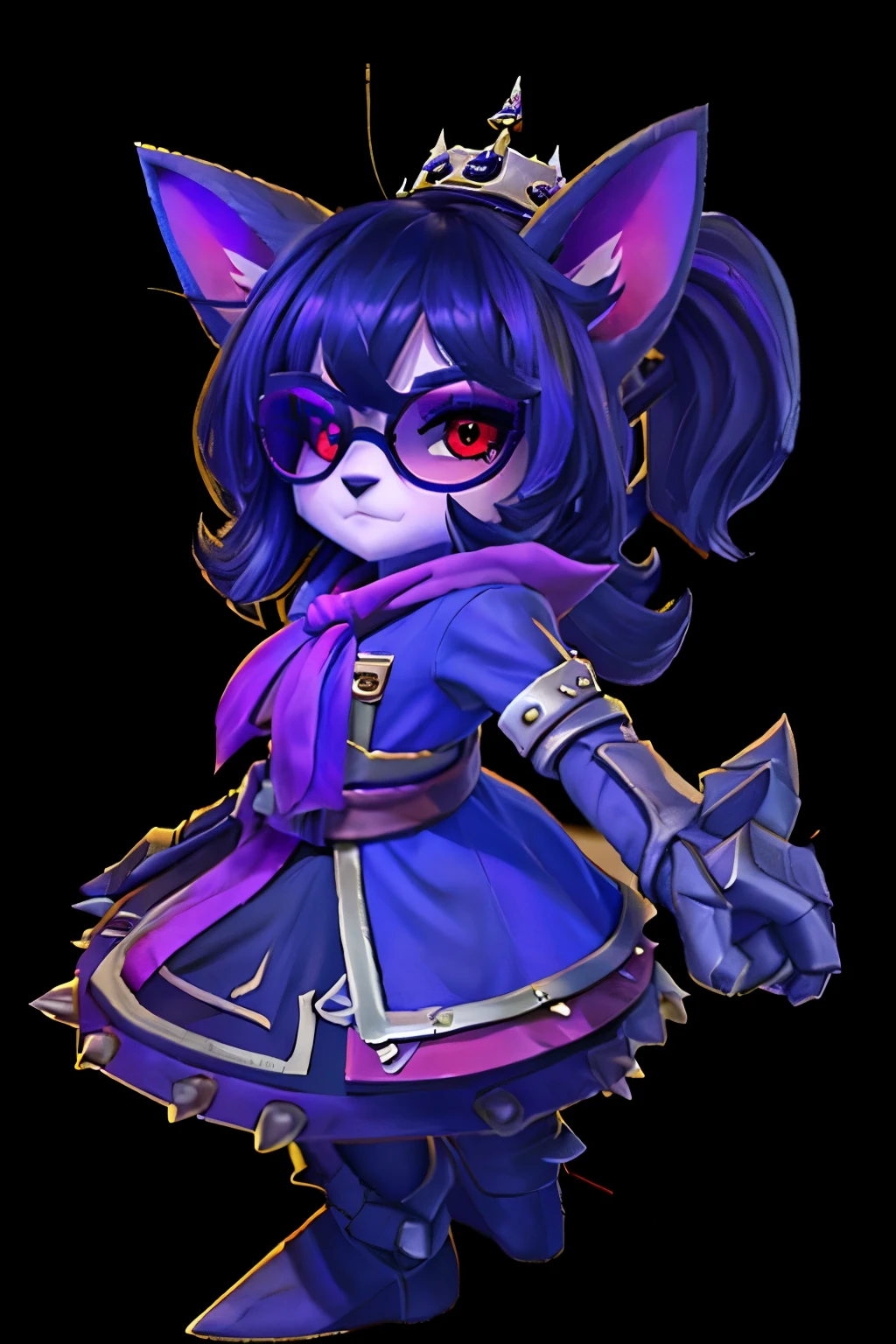 una yordle femenina del videojuego League of Legends, ,((long hair slightly wavy slightly past the shoulders, black bangs, small black pigtails on the sides, cute cat ears, beautiful thin red eyes,)),, 2.5 pies de altura, no muy peludo, con 4 dedos en cada mano y pie, siempre con un peluche tejido de Veigar el hechicero yordle, con gafas y un sombrero de mago con flores y llamas, su outfit es morado claro y rojo simulando llamas, con un fleco hacia la izquierda cubriendo un ojo por encima de las gafas, gafas azules o celestes, a dark blue scarf with thorn symbols around the neck, orejas cortas con pelaje rojo por dentro, Cabello rizado y corto que es de color violeta muy claro y se desvanece a azul oscuro., with a sarcastic and evil attitude, para anuncio&d juego