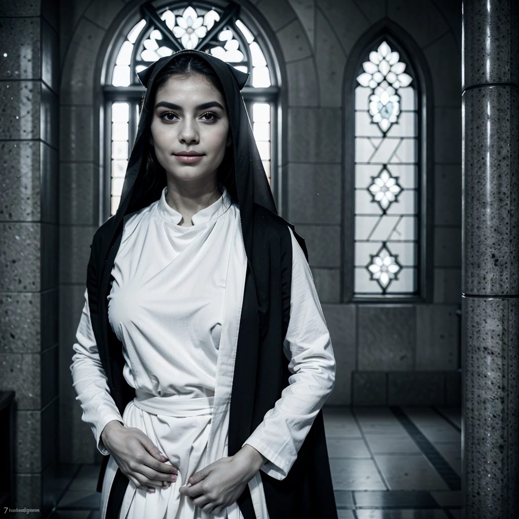 (best quality,4k,8k,highres,masterpiece:1.2),ultra-detailed,realistic,(Nun:1.1),(portrait:1.1),(black and white),delicate face,soothing expressions,subtle smile,expressive eyes,graceful pose,tranquil atmosphere,clothed in flowing robes,humble aura,soft gentle lighting,ornate crucifix hanging in the background,peaceful ambiance,gentle religious symbols,subdued colors,subtle textures,impeccable attention to details,sacred beauty,holy presence,symbolic serenity,simple elegance,sublime tranquility