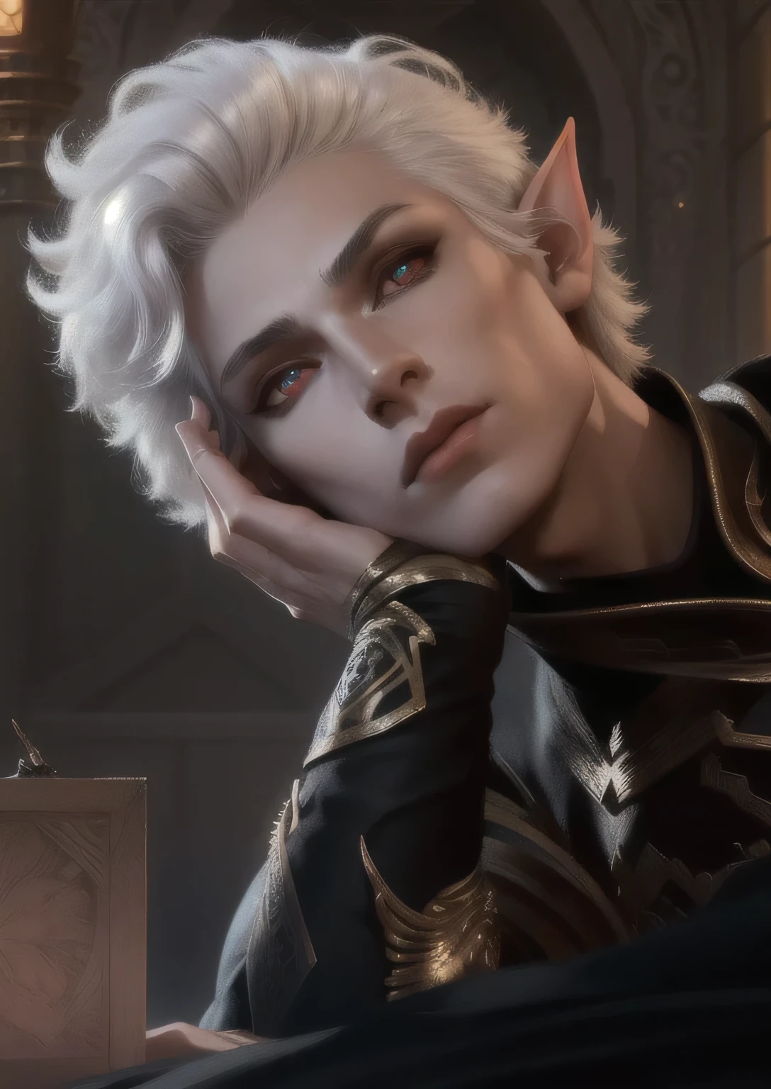 a close up of a person with a hand on their face, Astarion, beautiful androgynous man, a male elf, beautiful male elf, pale skin, red eyes.