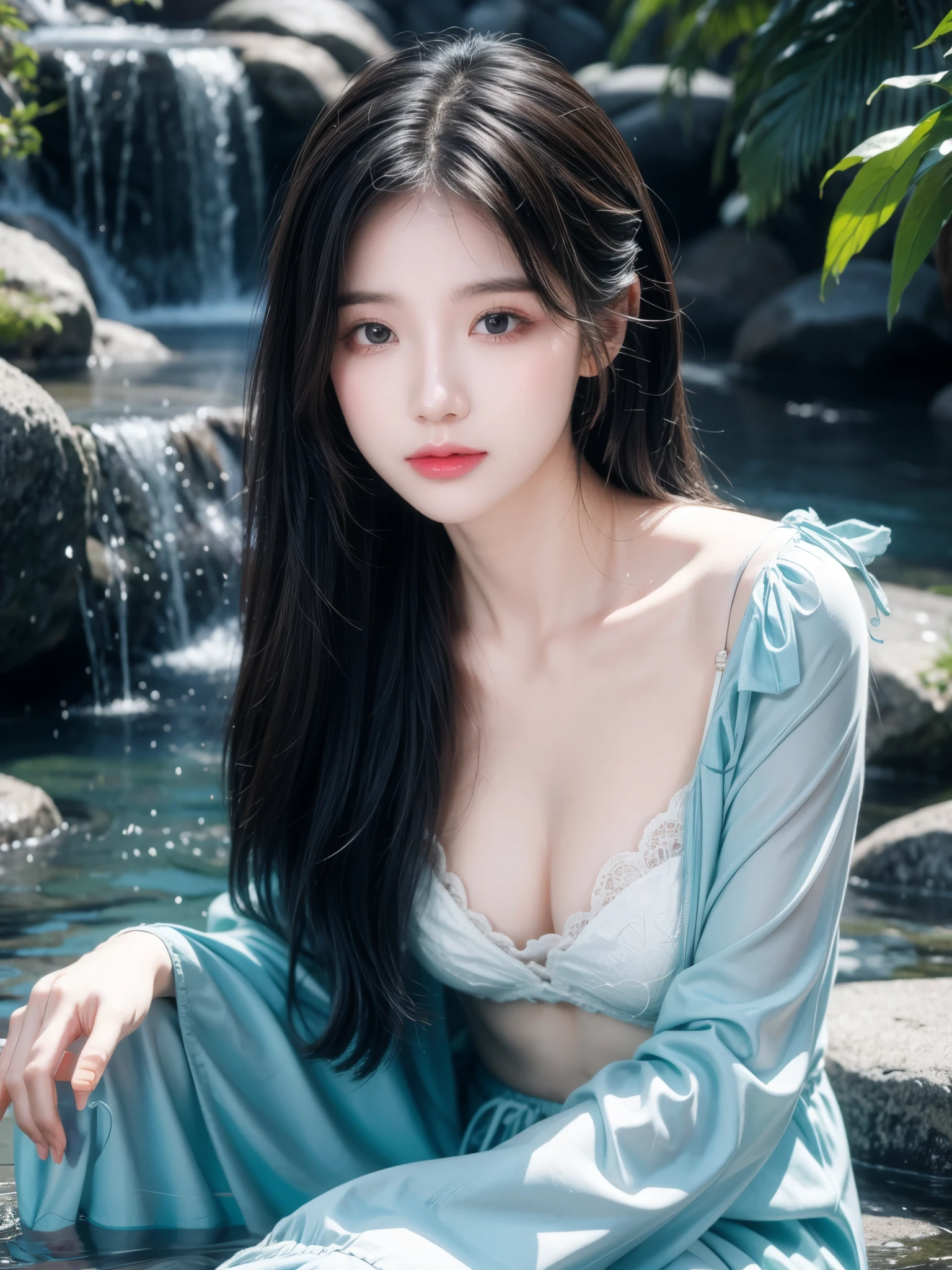 1girl, female water spirit, water-colored hair, spring water inside, a few drops of water on the skin,