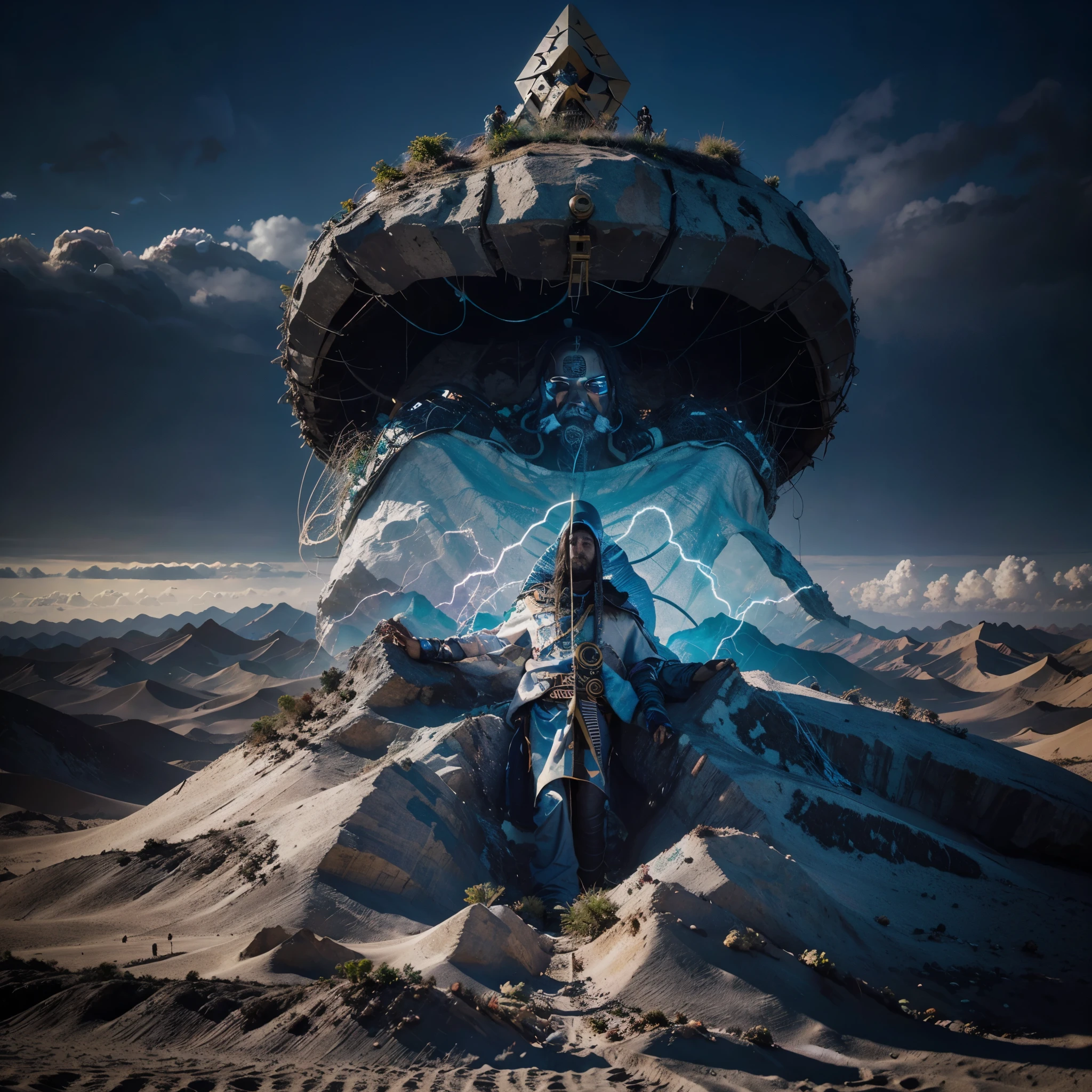 Cristo salvador entre un mundo apocaliptico saliendo victorioso en un desierto tipo cyber punk art abstracto tipo efecto de dmt sagrado representacion de lmal contra el bien en la vida y el mundo em el que vivimos como naturaleza piramides y simbologia sagrada