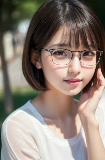 (masterpiece:1.2), ultra-detailed, (best quality,8k,highres:1.2), (realistic,photorealistic,photo-realistic:1.37), portraits, Japanese girl, 17-year-old, height 155 cm, innocent and naive atmosphere, clean and soft ambiance, gentle and kind vibe, high school student, , short hair, wearing glasses