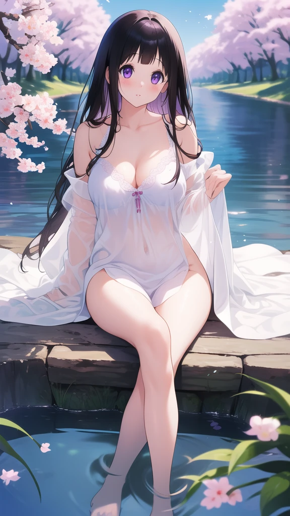 Stunning Chitanda, There is only one beautiful girl,purple eyes, black hair, Naturally straight hair, straight bangs,extremely refined,lips open,flowing long hair,Peerless beautiful girl, dreamlike,Slim,soft, (Sensual), (kawaii), Dream quality,Loose pajamas,no underwear,by the lakeside,Cherry tree,big breasts,bare shoulders,Clavicle exposed,bare neck,Bare thighs,Exposing the groin,camel toe,bare legs,barefoot,extremely shy,ultra high resolution, (masterpiece:1.2, best quality), (Exquisite and beautiful eyes: 1.2), (Beautiful and delicate face)