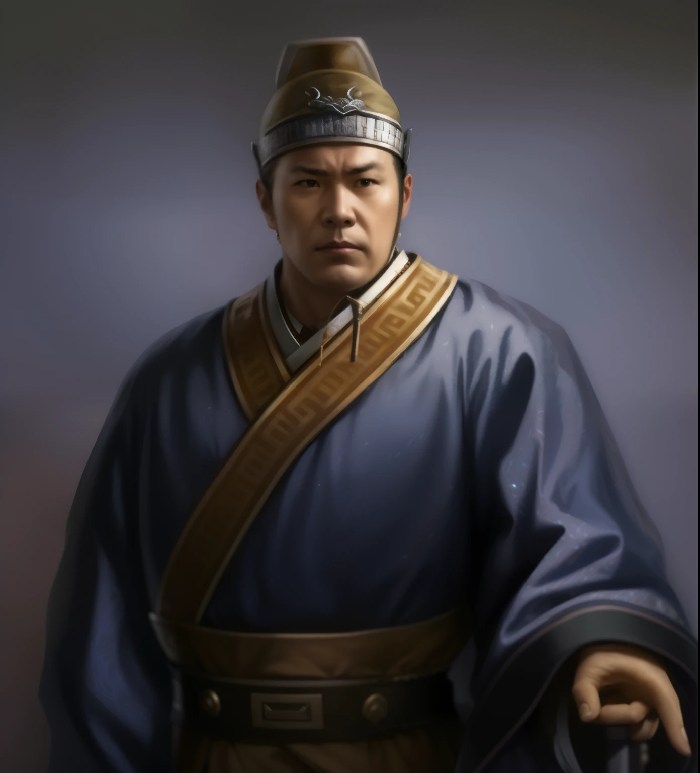 A painting,The painting shows a man wearing blue clothes、man holding sword, inspired Emperor Xuande, Inspired by Cao Zhibai, Inspired by Dong Yuan, Inspired by Hu Zaobin, Emperor Xuande, chi-gong, Inspired by Fan Kuan, inspired by horse stone, Three Kingdoms of China, Inspired by Zhang Sengyao, smart tai warlord, elder