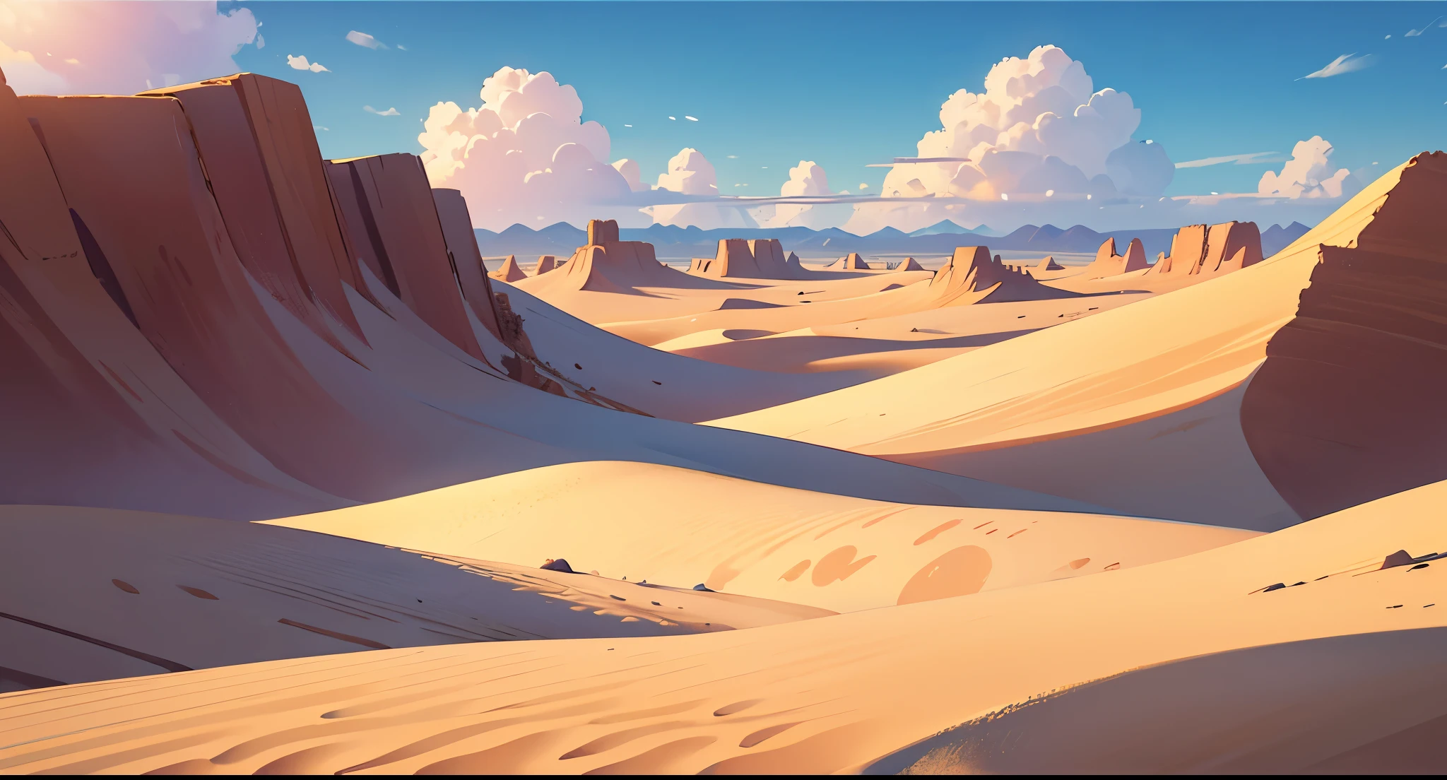 (illustrations : 1.0), photorealistic lighting, HD detail, summer, desert, sand, daytime, clouds, Overcast, 12 pm