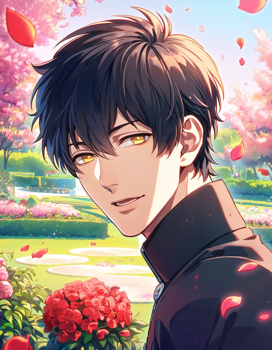 absurdres, highres, ultra detailed, HDR, masterpiece, Ren, black hair, expressive golden eyes, Dramatical Murder, 1man, handsome, petals, garden