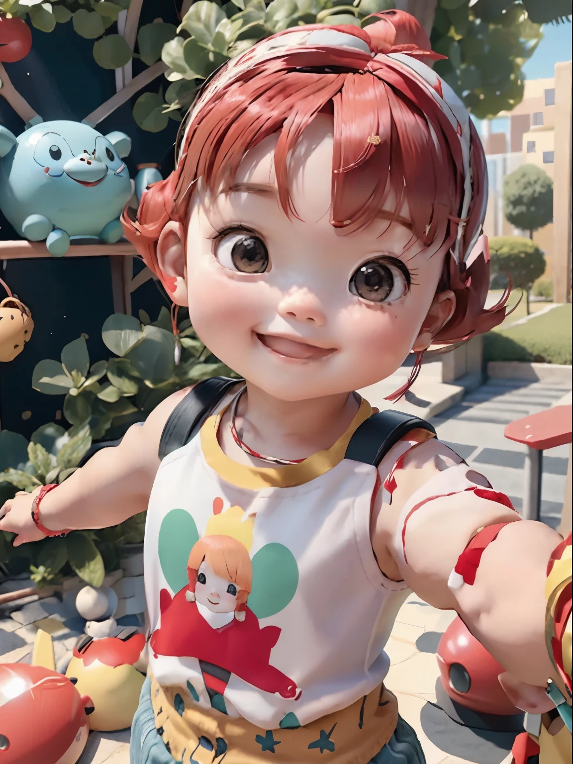 A with striking blonde hair、、hair ornaments、short bob、hot pants、smile、red hair band、dynamic pose