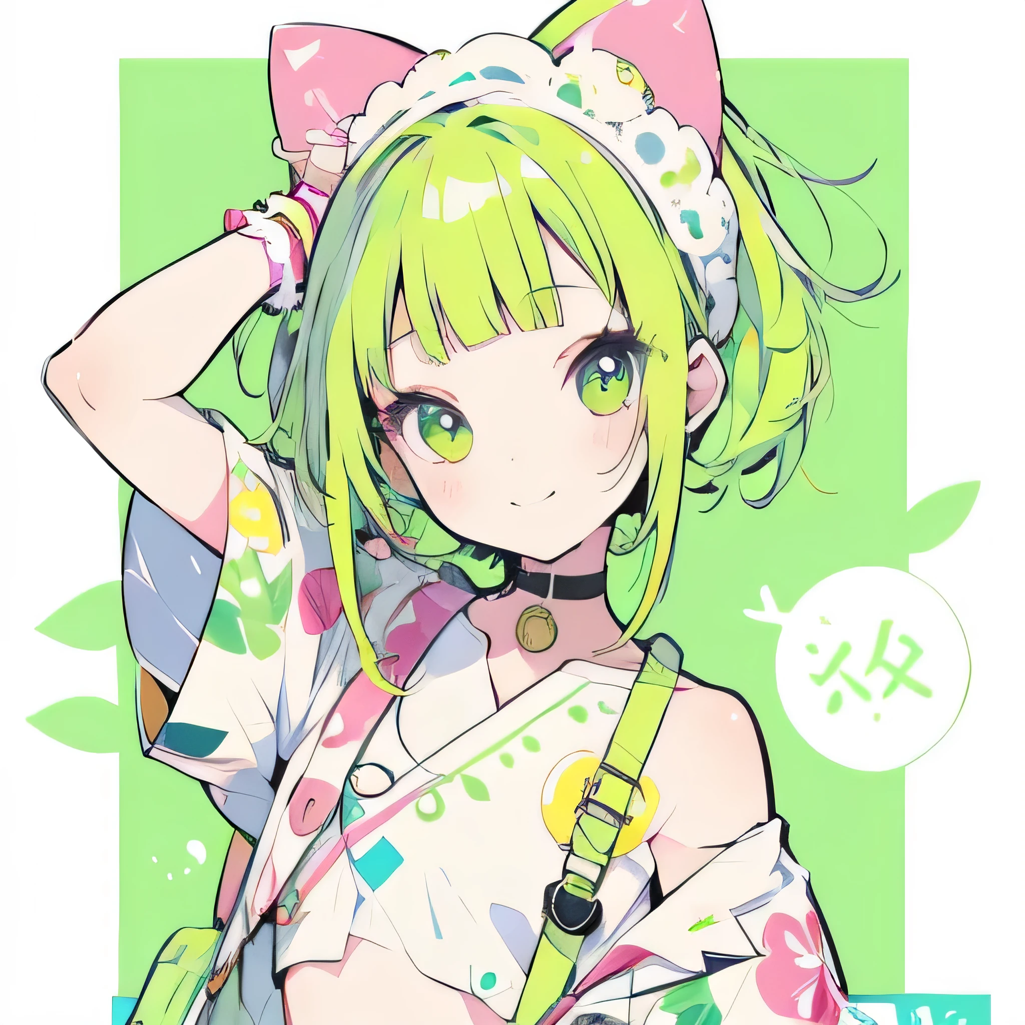 Girly girl, happy, colorful, flat, harajuku, posing, green hair, innocent, smiling, beautiful, face focus, face close-up, short bangs, cute, bubbly, white background, no shirt, naked