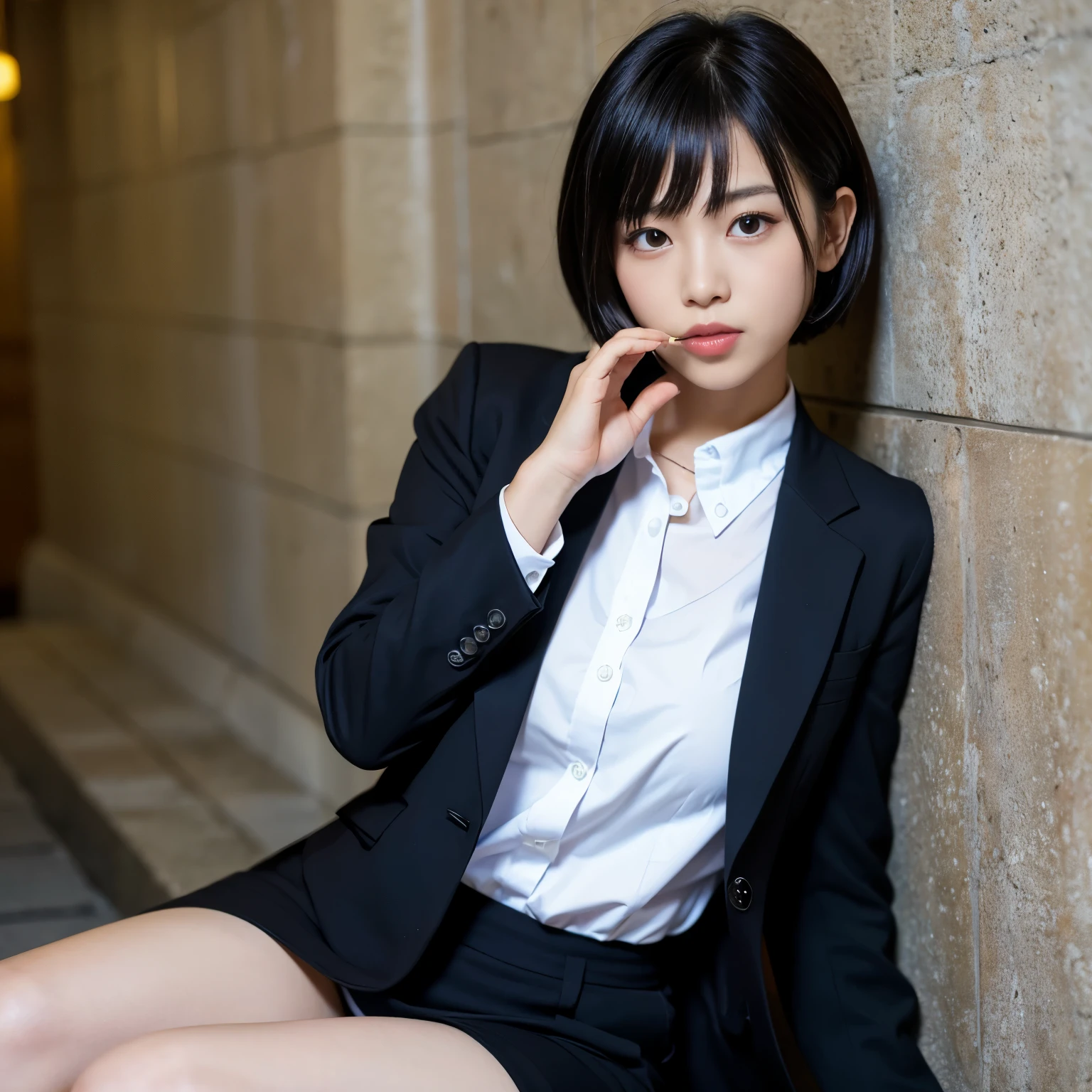Best-quality, Masterpiece, Ultra-High-Resolution, (Photorealistic:1.4), Raw-Photo, 1girl, the most famous Japanese idol, wearing black men's business-suit, (sitting against wall, hold a lit cigarette in her left hand, resting her right elbow on her right knee, putting her right hand on her right cheek, head tilt), extremely cute face, extremely beautiful big-black-eyes, extremely beautiful black-short-cut-haired, extremely beautiful skins